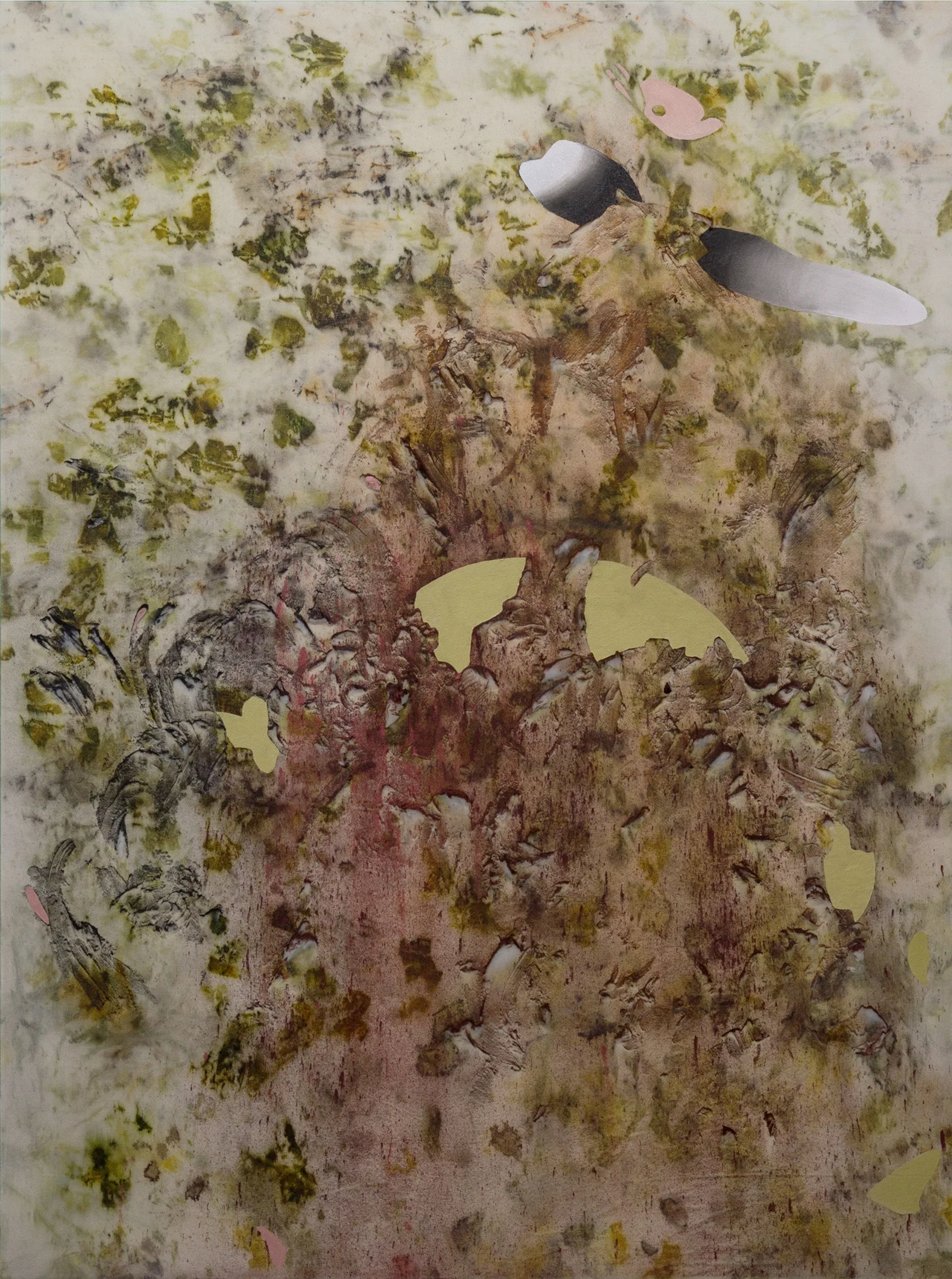 Moons Wrapped in Brown Paper, Cold Wax Medium, Oil, Raw Pigments, and Various Plant Materials (including Acorns, Eucalyptus, Ferns, Oak Leaves, and Onion Skins) on Canvas, 4x3 feet, 2018