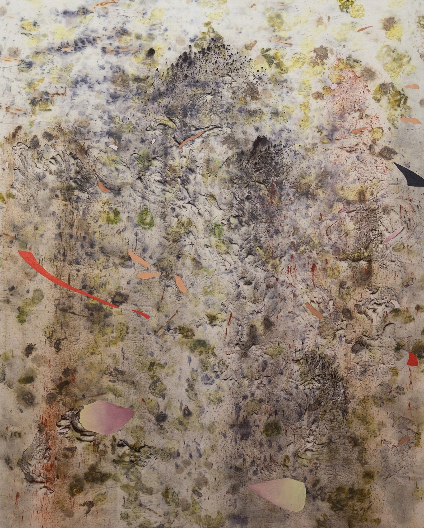 Mourning Humus, Cold Wax Medium, Oil, Raw Pigments, Sand, Red Earth, and Various Plant Materials (including Acorns, Avocado Pits, Ferns, Sumac Berries, Rose Petals, Onion Skins, Tansy Flower, Wildflowers, and Rusty Nails) on Canvas, 5x4 feet, 2018, 