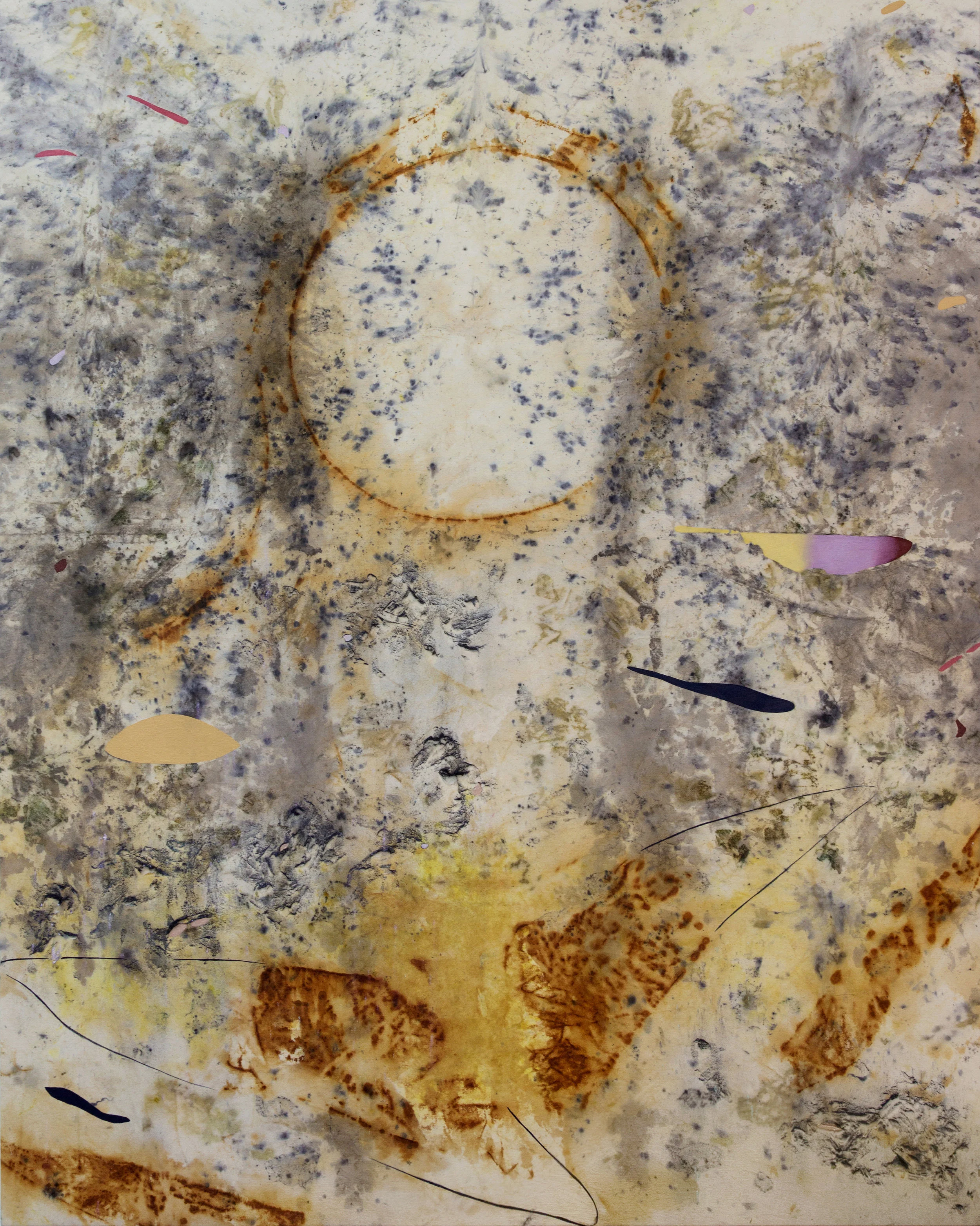 Moon Gardener’s Almanac, Cold Wax Medium, Oil, Raw Pigments, Rust Sediments, and Various Plant Materials (including Black Walnut, Onion Skins, Roses, Sumac, and Wildflowers) on Canvas, 5 x 4 feet, 2019