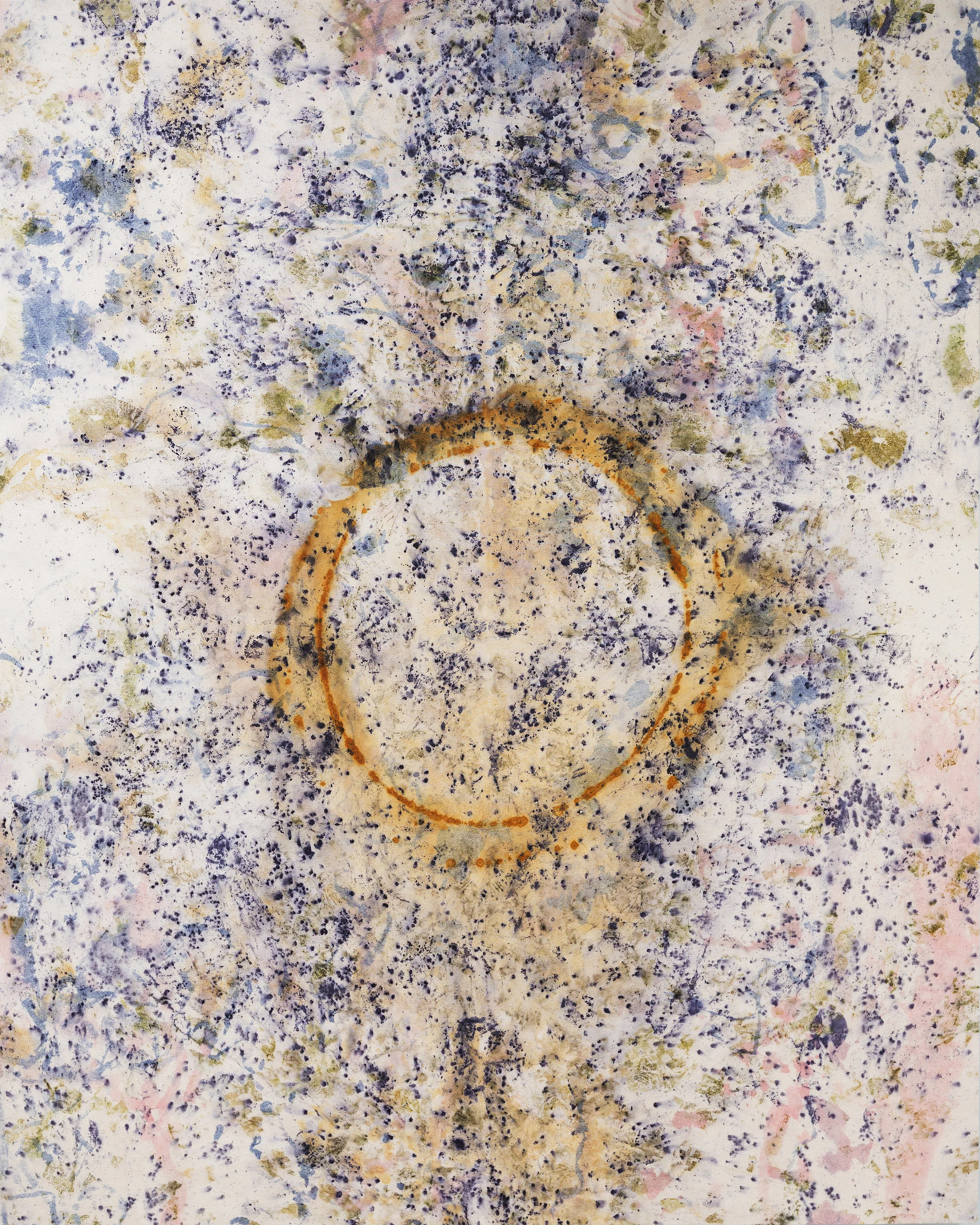 Untitled, Various Plant Materials (including Indigo, Madder Root, Onion Skins, Roses, Sumac, and Wildflowers) and Rust Sediments on Canvas, 5 x 4 ft, 2019 This artwork was made by residents of the Perley and Rideau Veterans’ Health Centre (Ottawa, On) under the guidance of Creative Arts Instructor Gillian King and Spiritual Health Practitioner Jessie Stephenson, in collaboration with Therapeutic Recreation Creative Arts - Horticultural Services and Support Services.