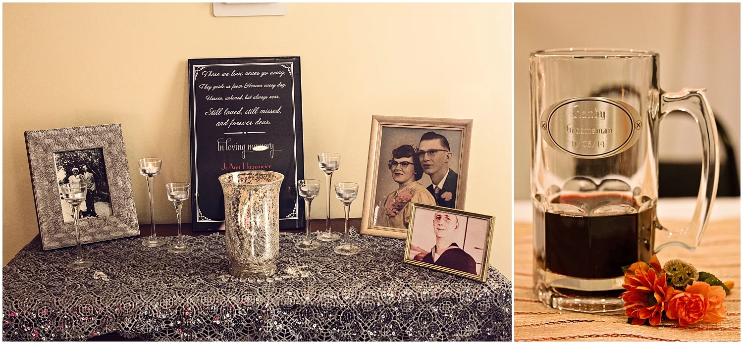 The memorial table was set up at Danielle and Patrick's wedding of the special people that couldn't be with them. I know it meant a lot to all of their family and friends to honor them with these photos. And the mug and boutonniere was set out in honor of a groomsman who had passed shortly before Kristin and Brian's wedding. It was hard on everyone not to have him there in person but his presence was definitely felt. I loved their tribute to a dear friend. 