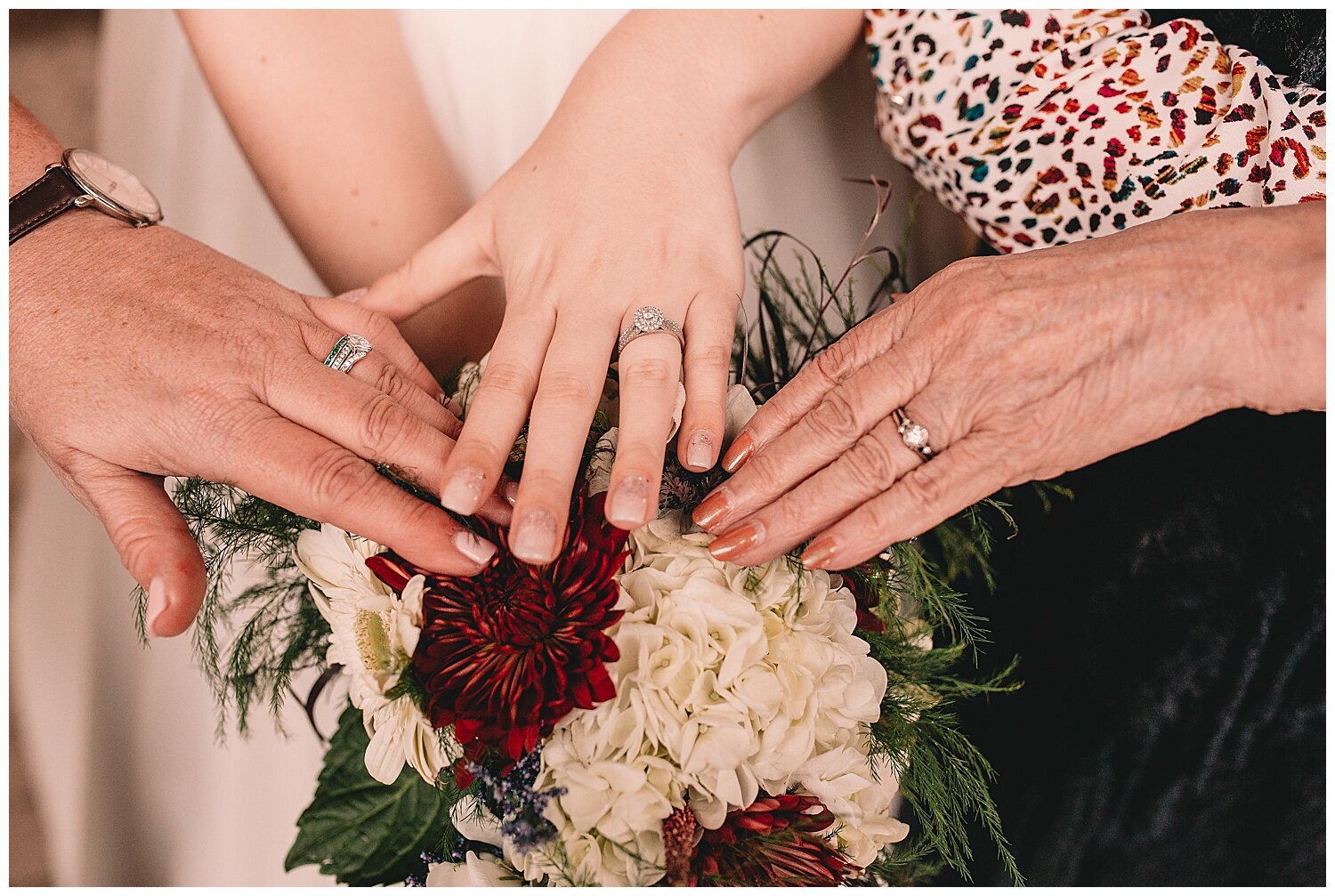  These are the wedding rings of the bride, her mom and her grandma. Such a sweet keepsake this photo will be!  