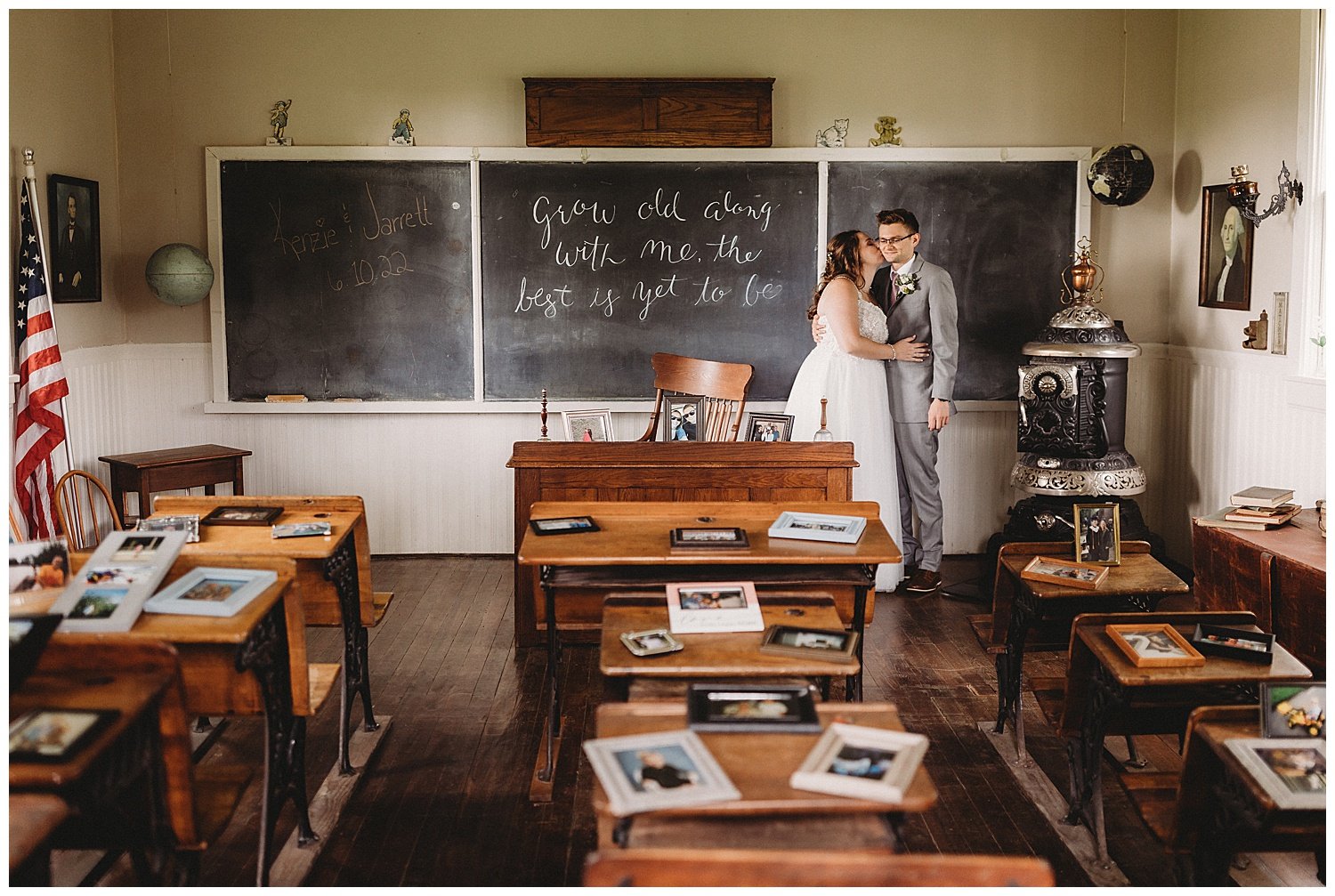  This is such a cute idea! The schoolhouse at Oak Hill Farm was filled with photos of Kenzie and Jarrett throughout their childhoods and dating years. What a perfect backdrop for their memories!  