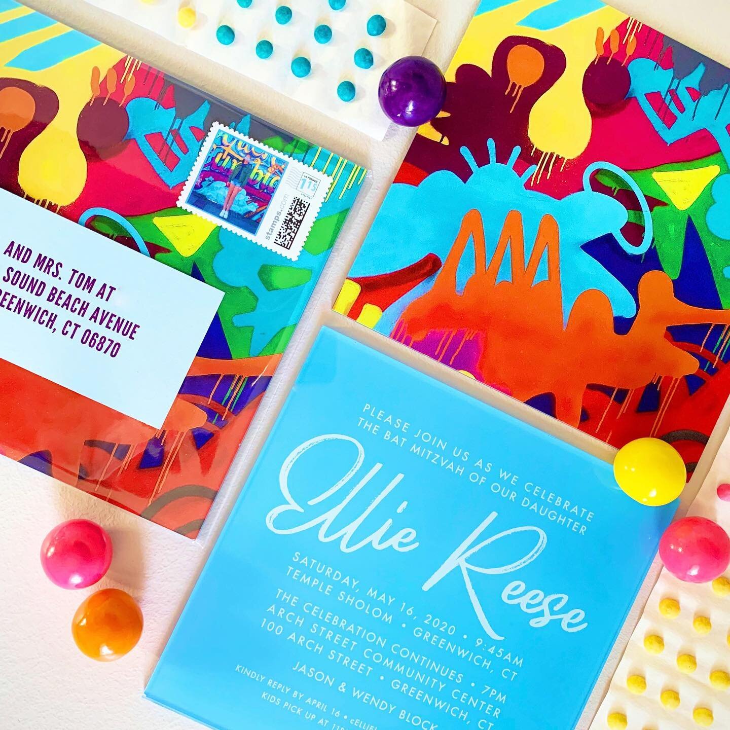 A big congrats to Ellie&mdash; who was finally able to have her graffiti-themed Bat Mitzvah party after the pandemic roller coaster. We hope the invitation packed enough pizazz to fuel the excitement over all those months(!!)

Graffiti by local artis