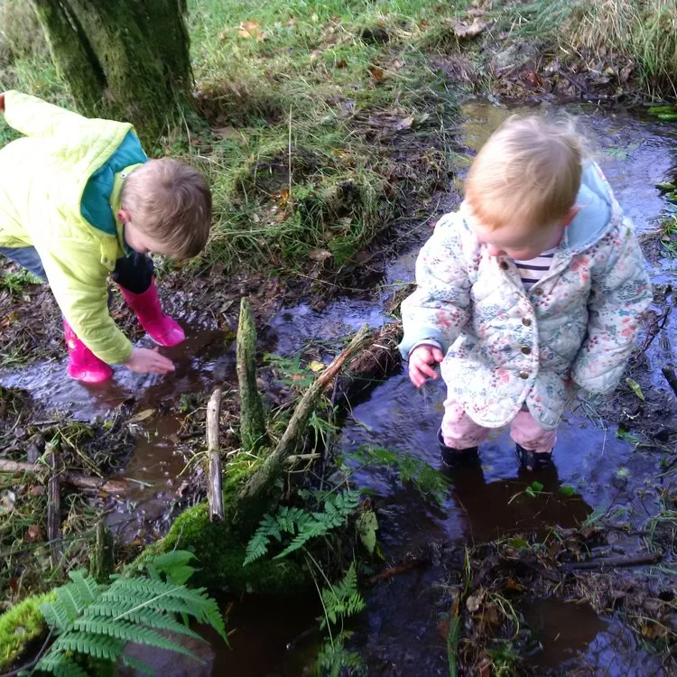 Messing about with water in the woods - a perfect combination.