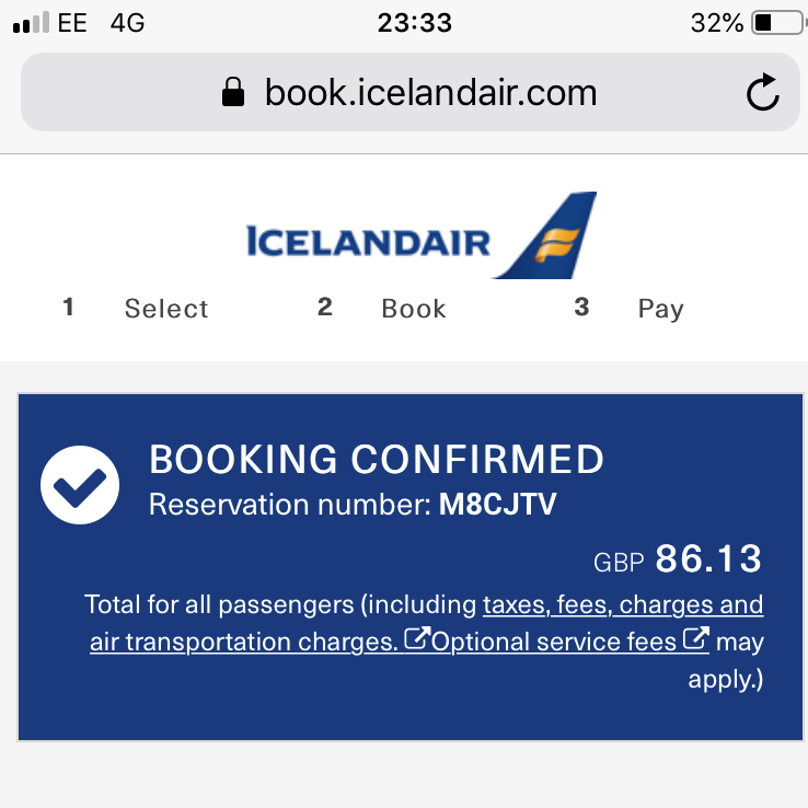 A screenshot of the Iceland Air booking conformation website page