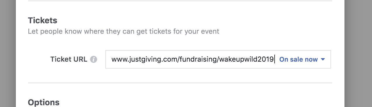 Enter the justgiving link for Wake Up Wild and Tree Aid into the Tickets field