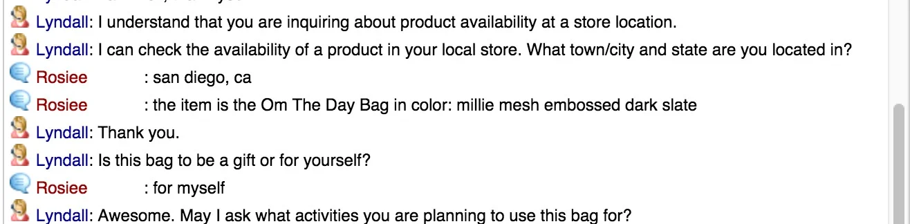 Conversation between "Lyndall" and my coworker Rosiee