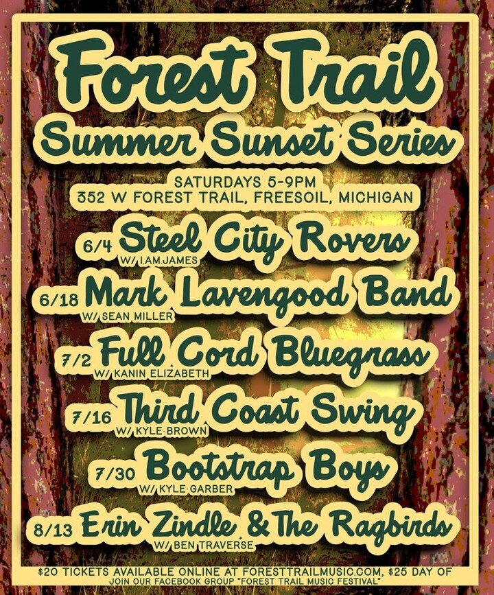 Today! Catch me with Mark Lavengood on the Forest Trail Music Festival's Summer Sunset Series! Lots of great music happening in this space, excited to be on board! Sean Miller is opening the show with music happening between 5-9 pm, so see you soon!