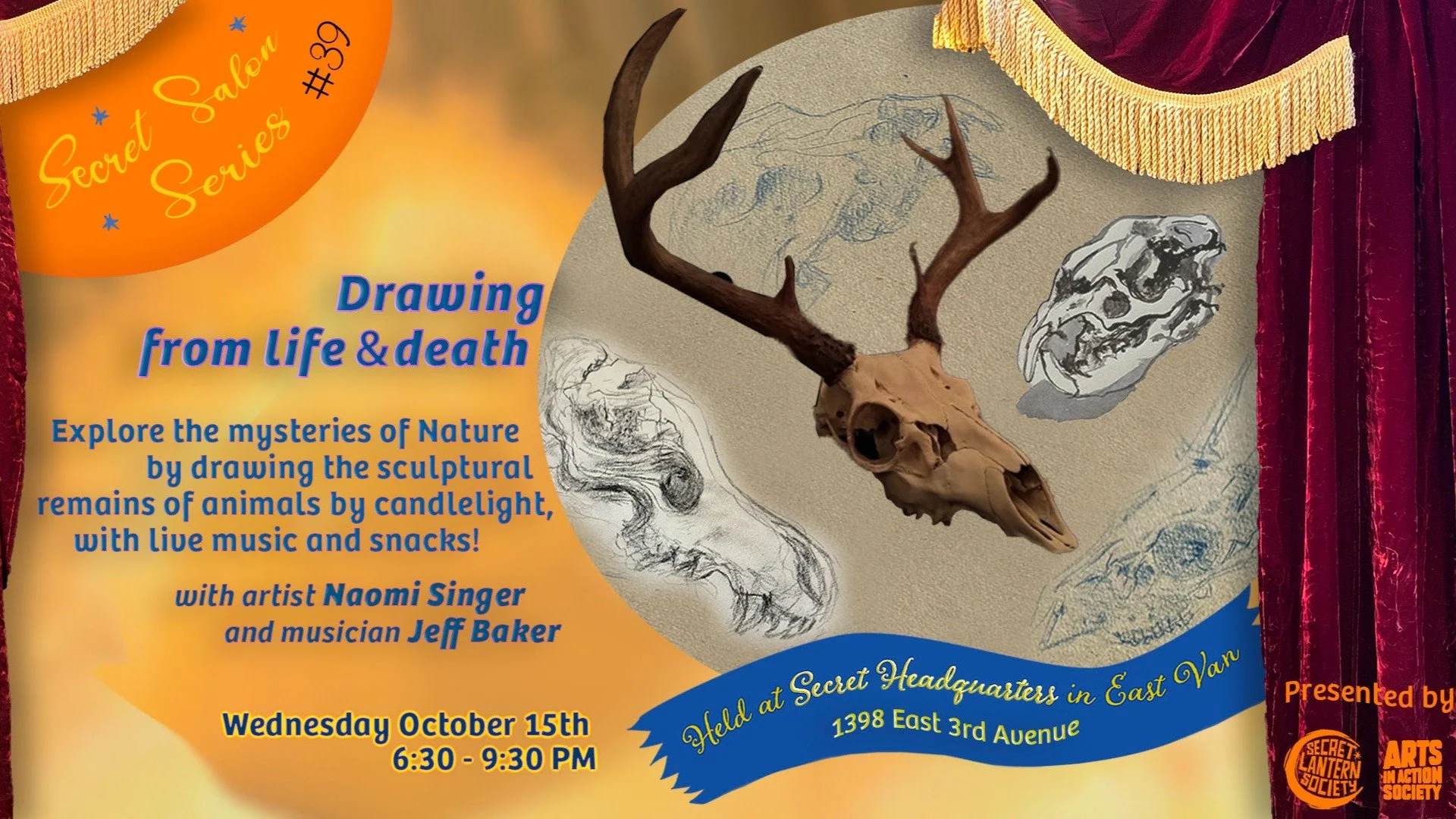 Join us in the lantern-lit environment of Secret Headquarters to draw beautiful animal skulls found in the wild. Artist Naomi Singer
will welcome you to this relaxed and non-judgmental session, while
guitarist Jeff Baker will fill the night with blue