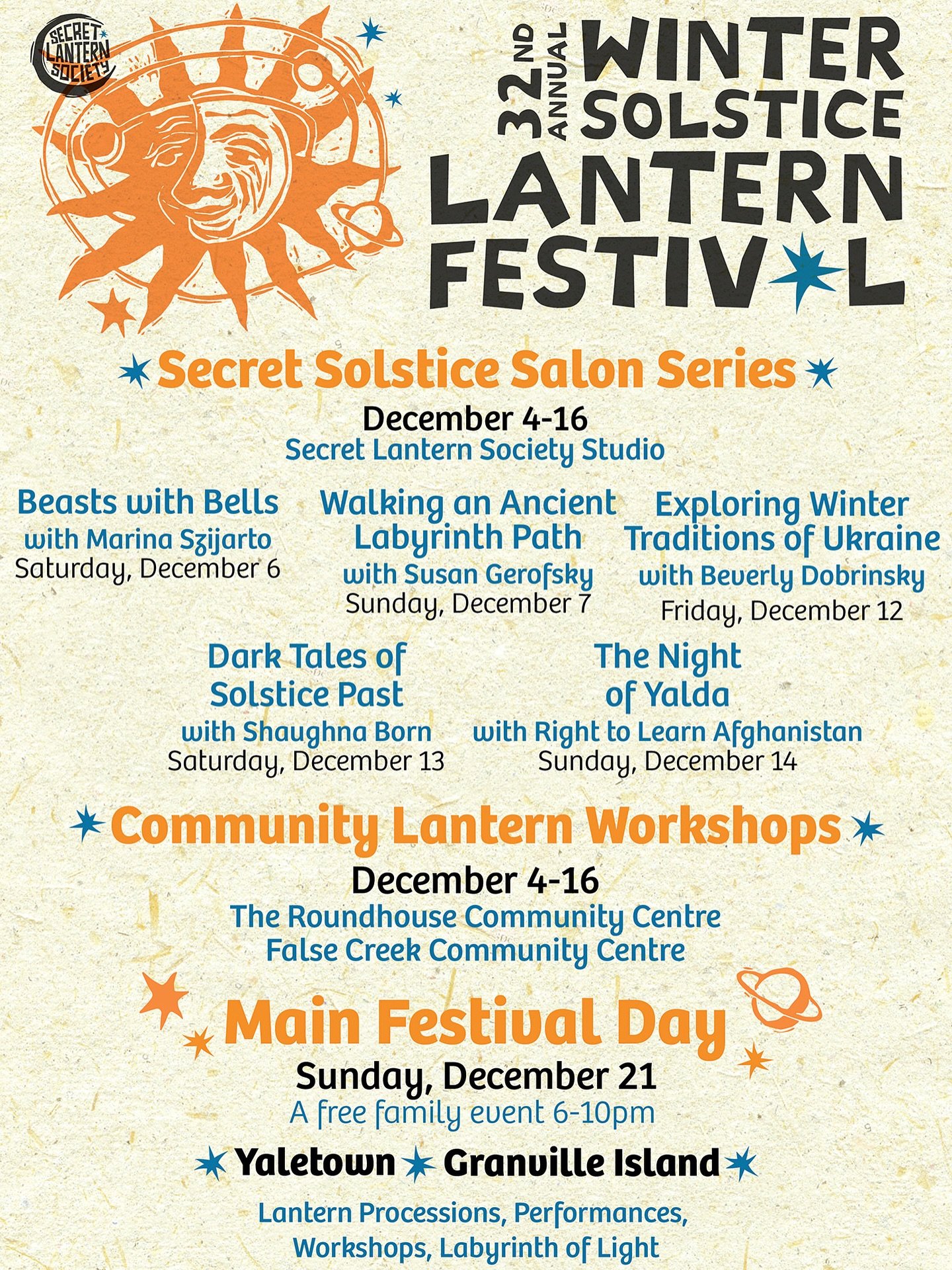 Watch the dark night sky!
The 32nd Annual Winter Solstice Lantern Festival returns just 30 dark nights away, illuminating our community with light, music, and joyous celebration. Join us as we honour the longest night of the year and welcome the retu