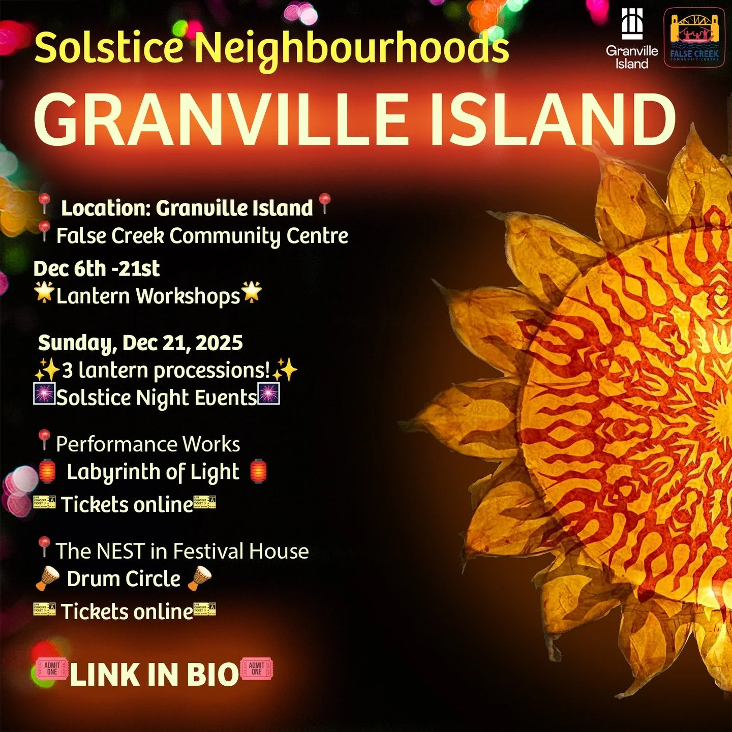 ✨ Granville Island Shines for the Winter Solstice Lantern Festival! ✨
Following three weeks of lantern-making workshops, Granville Island transforms into a magical hub of light, music, and celebration for the 32nd Annual Winter Solstice Lantern Festi