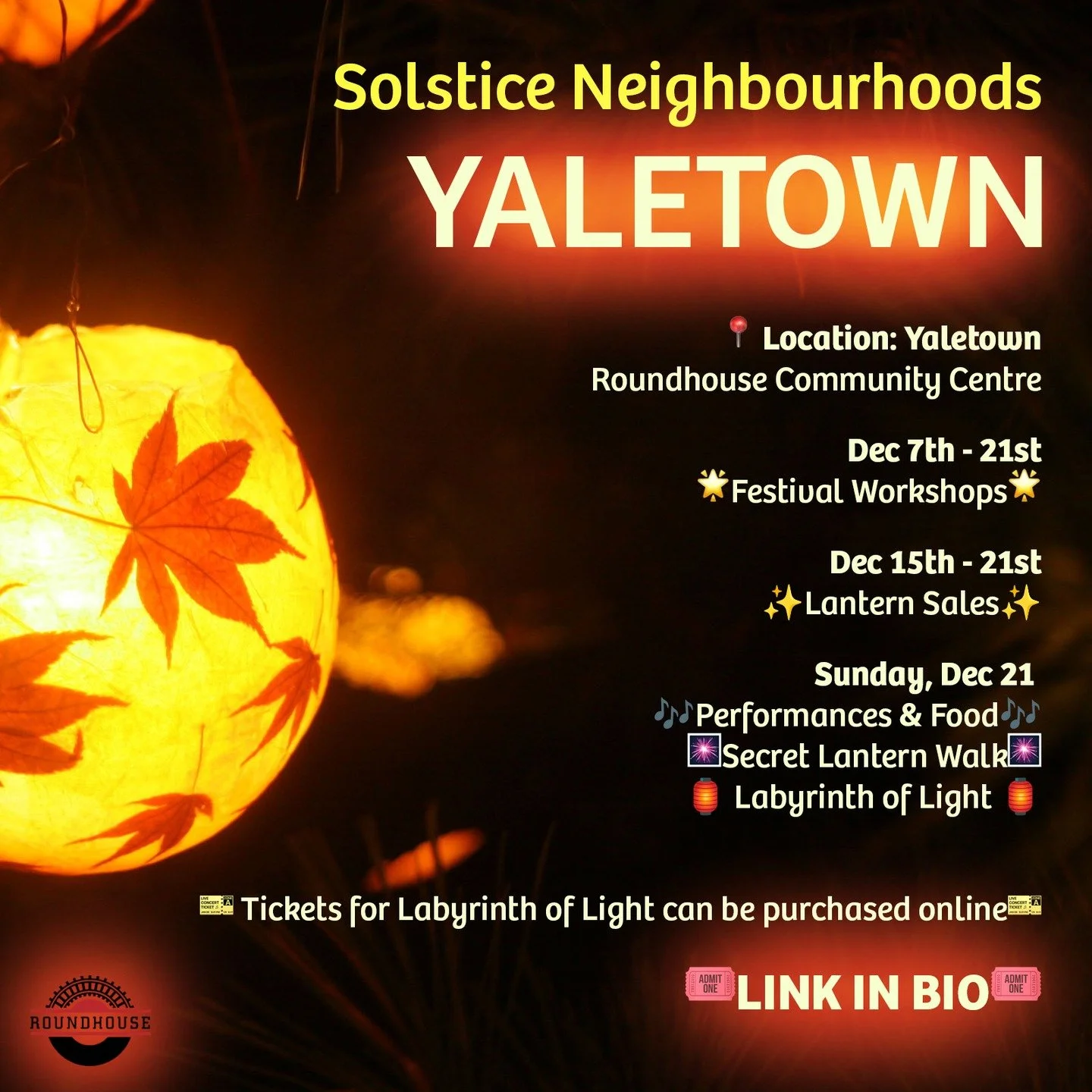 ✨ Yaletown Lights Up for the Winter Solstice Lantern Festival! ✨
Following three weeks of lantern-making workshops, the Roundhouse Community Centre in Yaletown comes alive with light, music, and creativity for the 32nd Annual Winter Solstice Lantern 