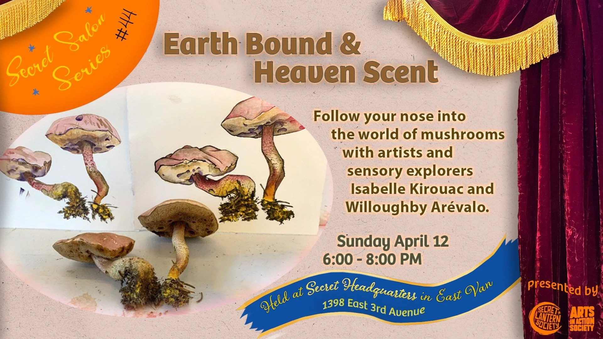 upcoming Secret activities:

Sunday April 12
6:00 - 8:00pm 🌿🍄✨
Immerse yourself in a sensory and playful experience exploring the aromatic essence of our mysterious fungi friends. We&rsquo;ll engage in drawing games and creative writings inspired b
