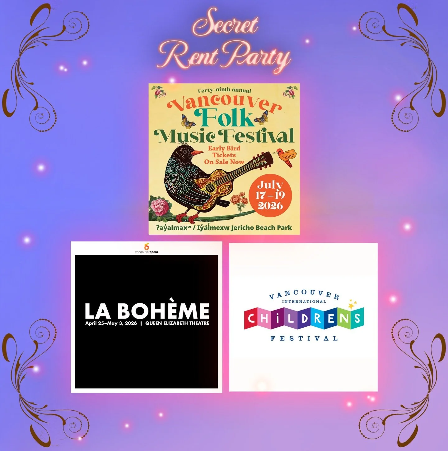 Come for the Secret Rent Party&hellip; leave with something extraordinary 🎁✨

Up for auction: tickets to three incredible live experiences!
&ndash; A weekend pass to the Vancouver Folk Festival 🎶
&ndash; A 4-pack to the Vancouver Children&rsquo;s F