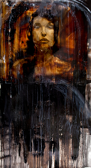  "The Drowning", 2010,&nbsp;tar, gasoline, charcoal, watercolor on paper and acetate, 57.5x32 in. 