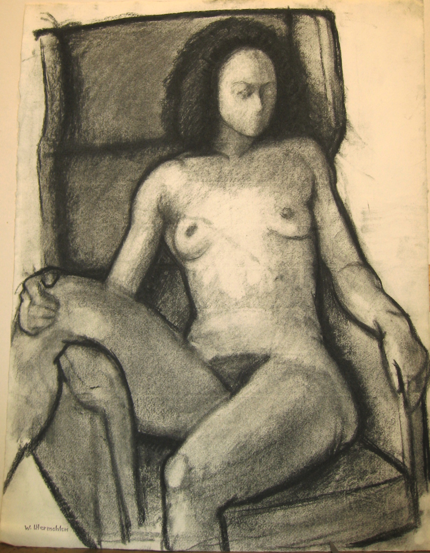  "Model in a Big Armchair 3," 1981, charcoal, 20.5x18 in. 