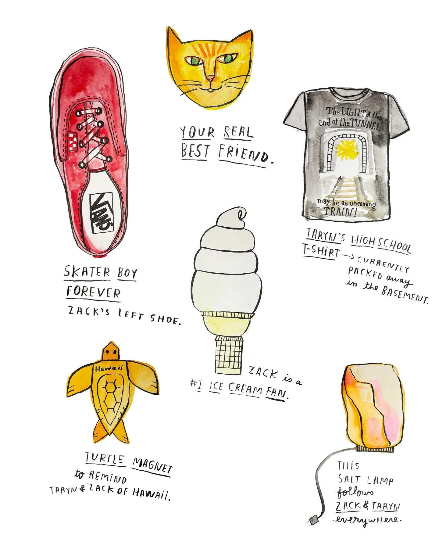 Happy 20 years to @zackfranceschi and @taryncowart. I made some drawings of their stuff to commemorate their sweet love! The second picture was taken from my car during the early days of the pandemic when Hank and I would zoom by their house to say h