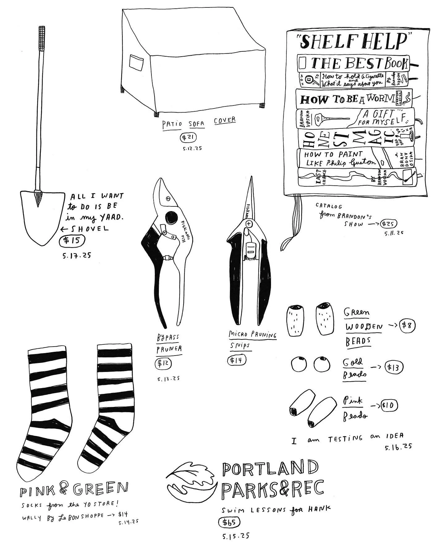 Daily Purchase Drawings for 5.11.25 ➡️ 5.17.25

Shout out to @brandonvosika for giving me an excuse to draw a stack of book spines which honestly is one of my favorite stack of things to draw. 

Also, I am enjoying slowly collecting outdoor tools. An