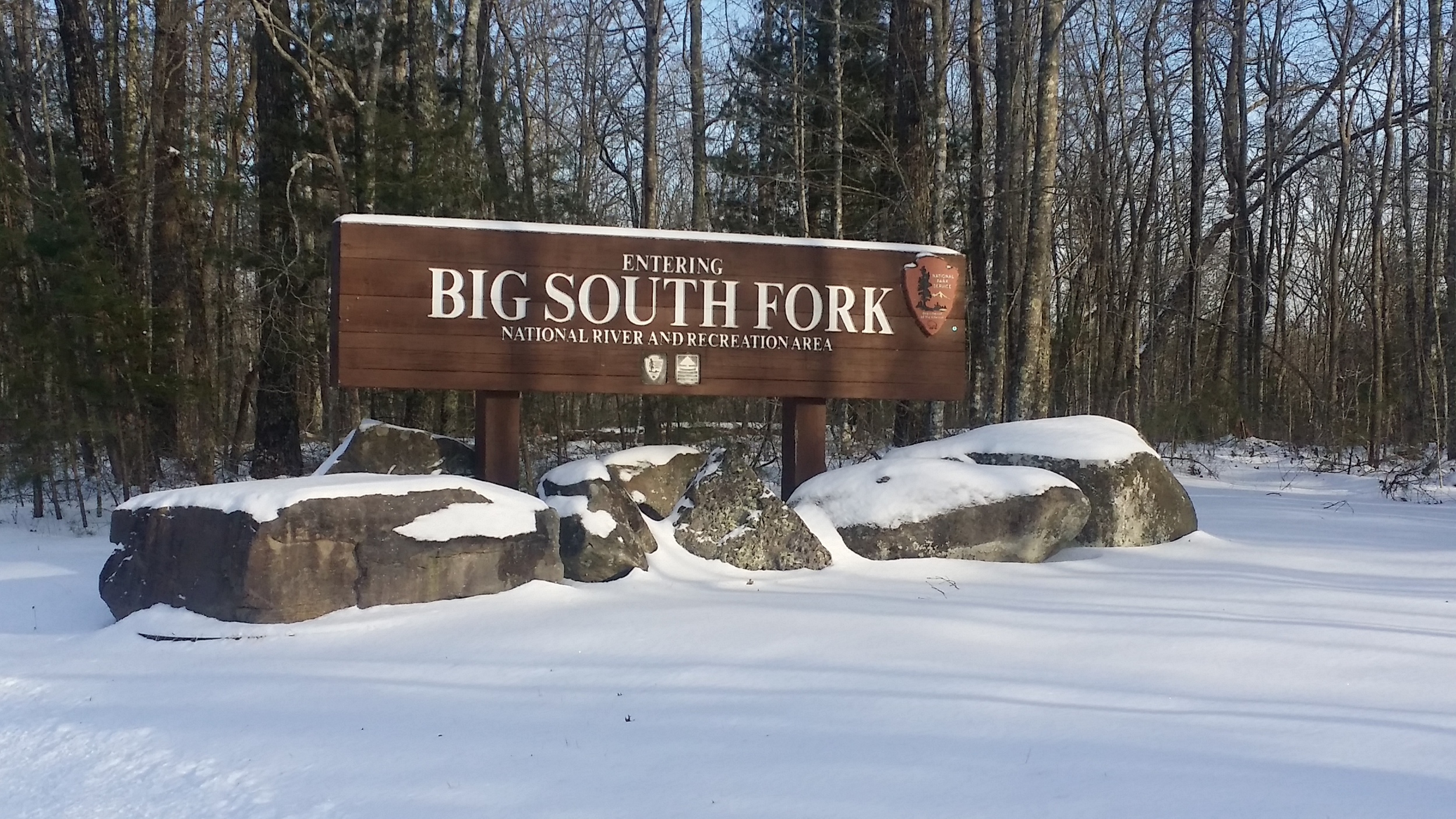 Big South Fork sign covered in snow