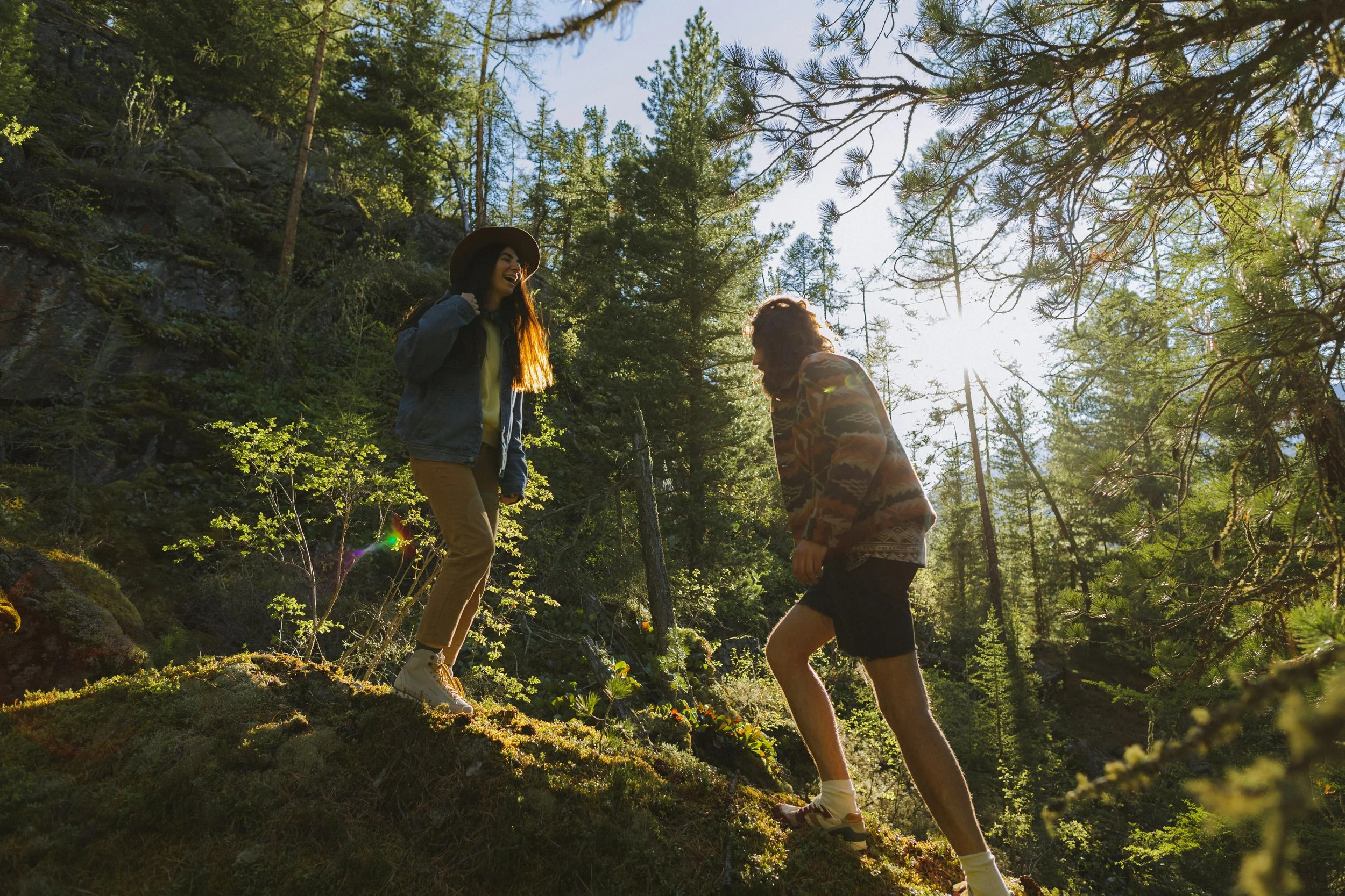 two people hiking in beautiful spring weather