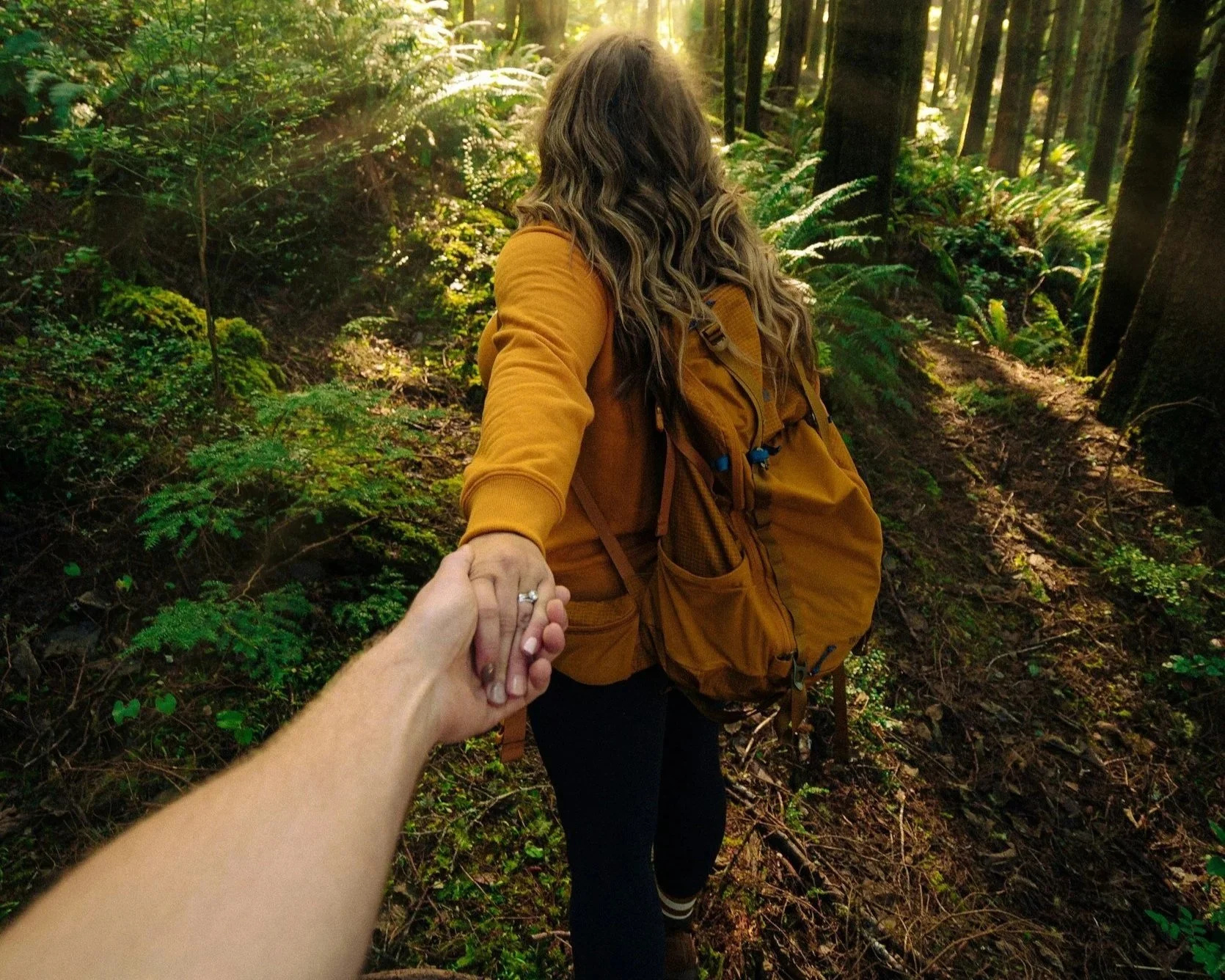 couple holding hands in the forest