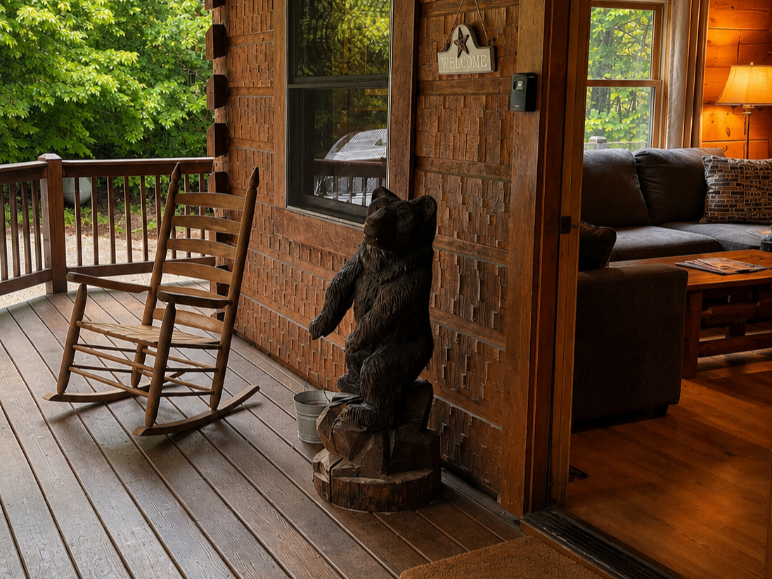 Cabin Porch at Laurel Fork Rustic Retreat with rocking chair, open front door, bear statue, and relaxing porch