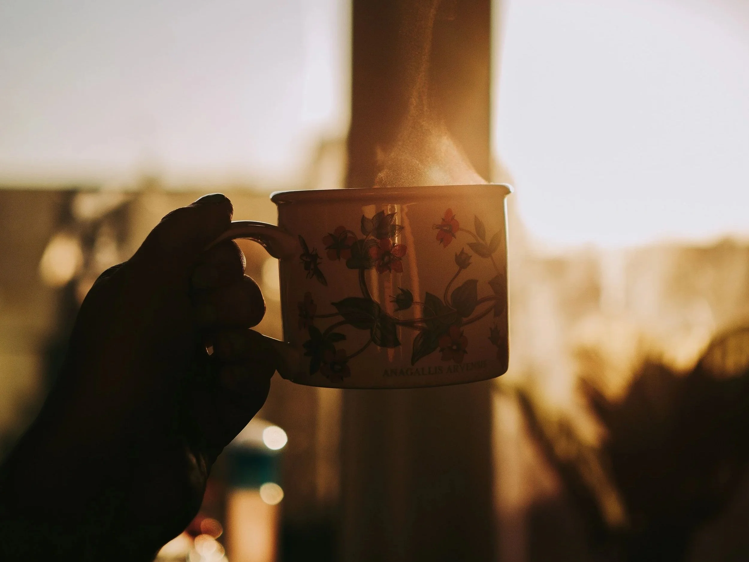 hand holding a steaming mug of coffee or tea with faded silhouette background