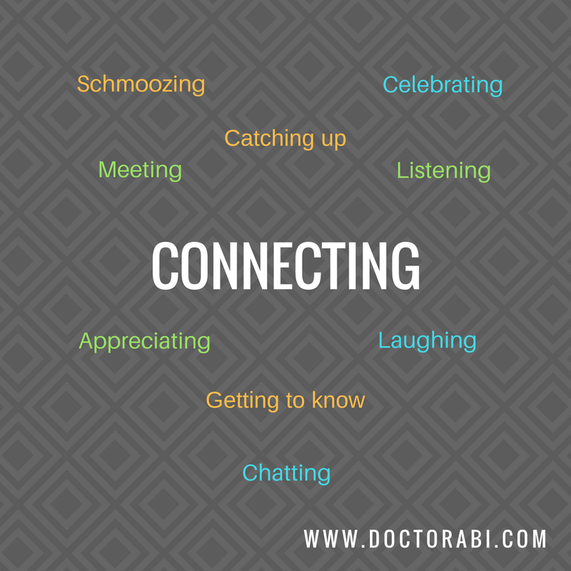 Dark gray diamond pattern with words like laughing, chatting, getting to know and Connecting over the gray in green, bright blue, orange, and white tones. www.doctorabi.com is in the bottom right corner in white.