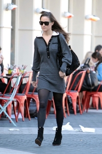 Pippa Middleton sports her ankle boots with a sleek grey dress and tights via Stylebistro