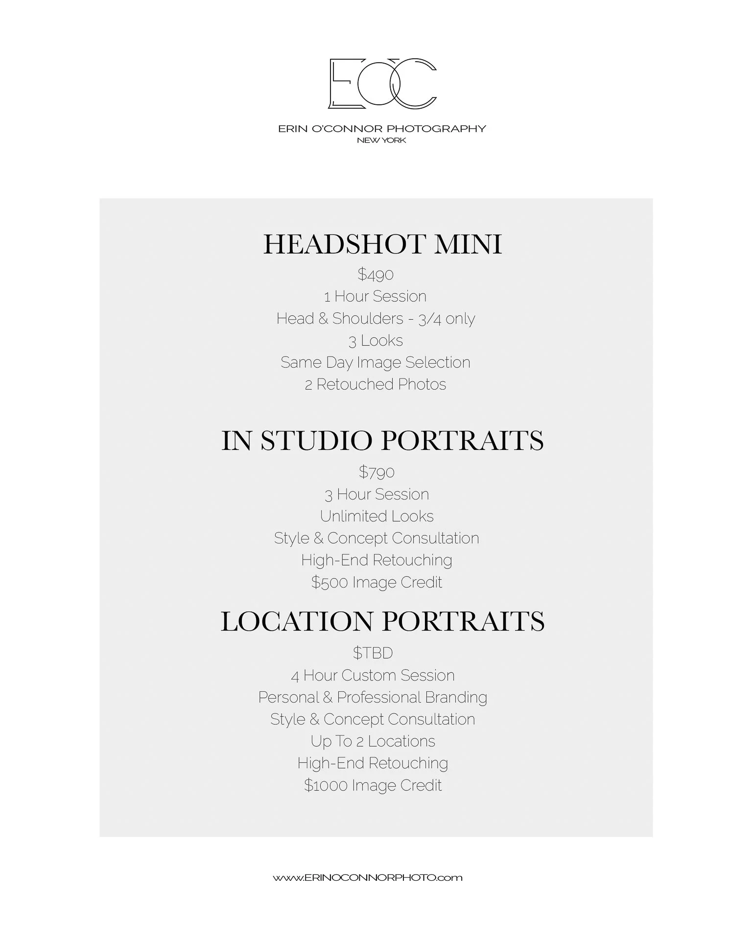 NYC Headshot & Portrait Prices — Erin O'Connor Photography & Retouching