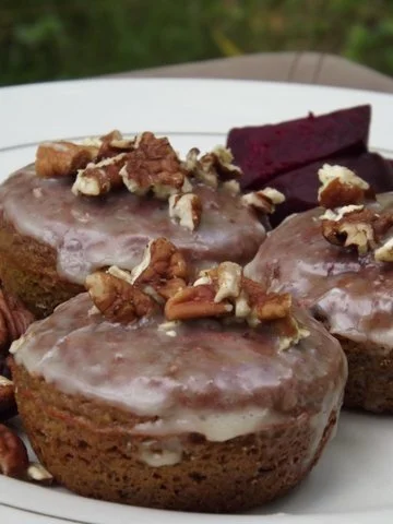 No-Oil Cranberry Nut Beet Muffins with Orange Glaze
