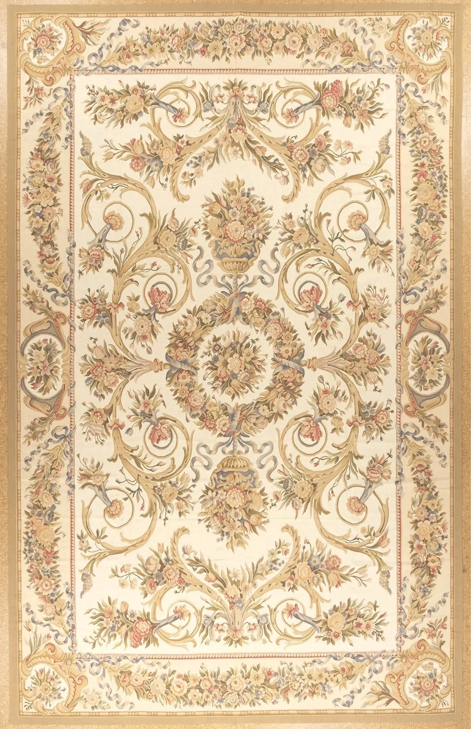 Large Handwoven Woolen Aubusson Carpet With Ivory Background And Vibrant Colors.
