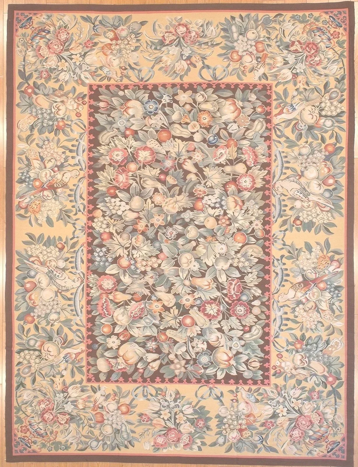 Handwoven Aubusson rug With Fruits & Flowers On A Chocolate Background Size 10.2 x 13.6