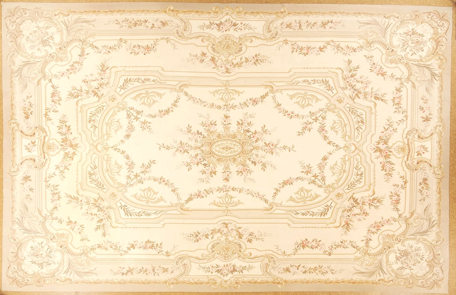 Handwoven soft colored large aubusson carpet in soft pastel colors