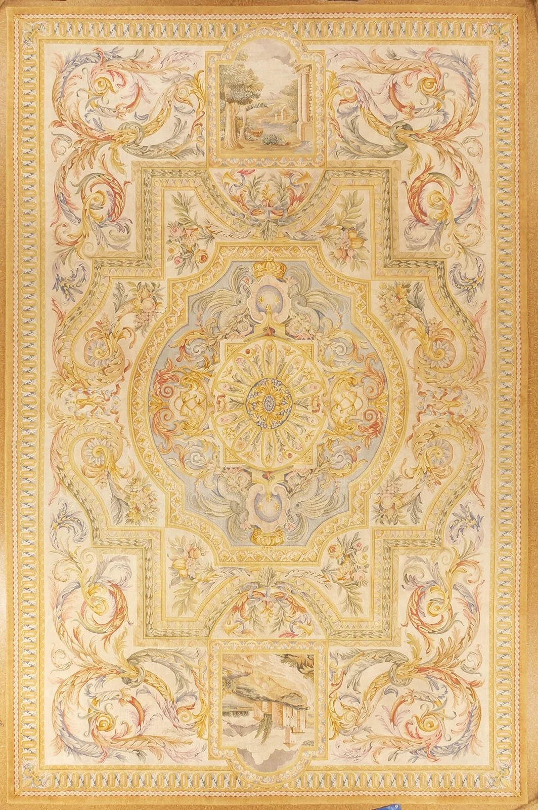 Ornate ceiling mural with floral patterns, cherubs, and landscape scenes including trees and ruins, in pastel colors.