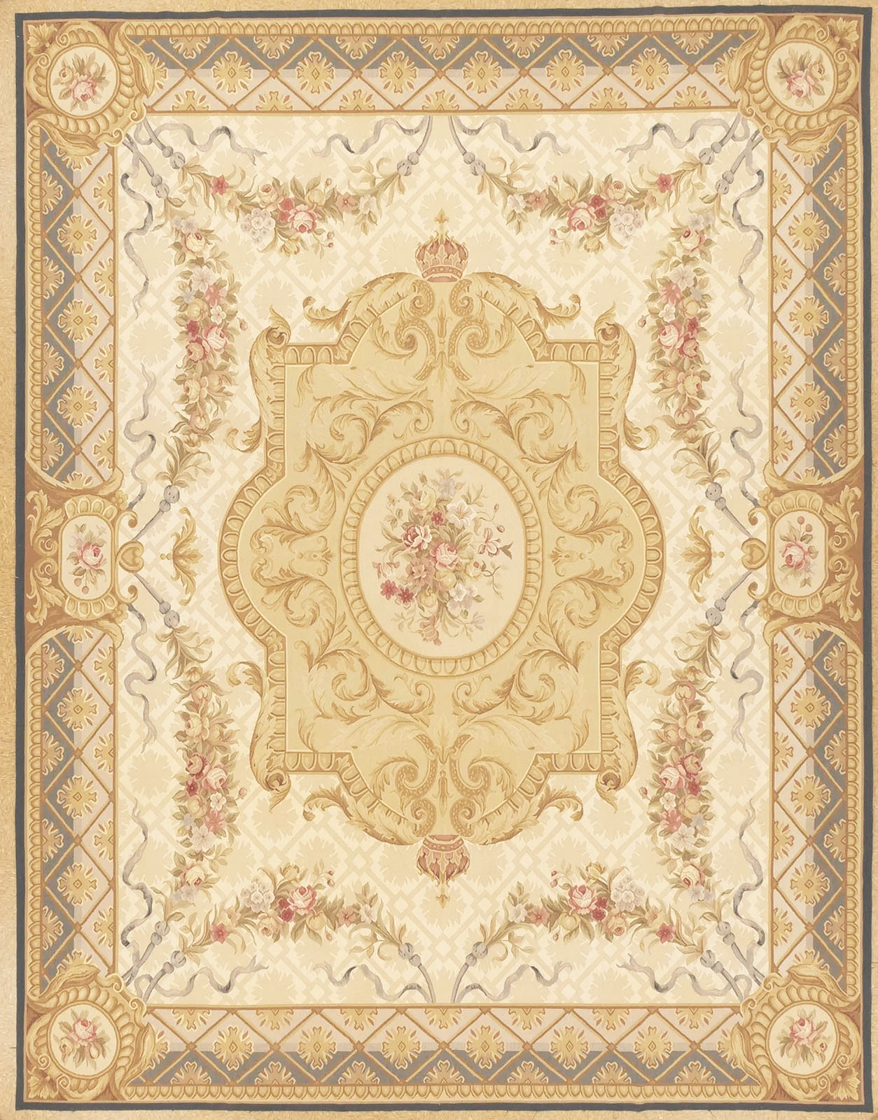11.8 x 15 Medallion Aubusson carpet in blue and cream colors