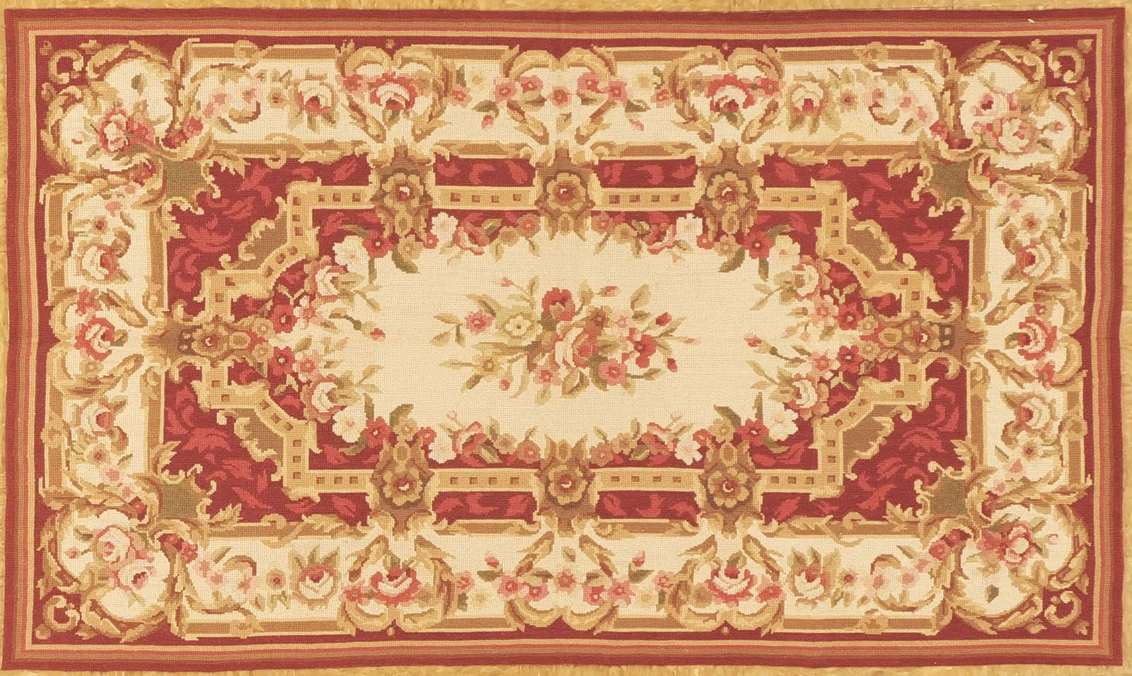 2.11 x 5 French Aubusson deisgn needlepoint rug in reds and gold tones