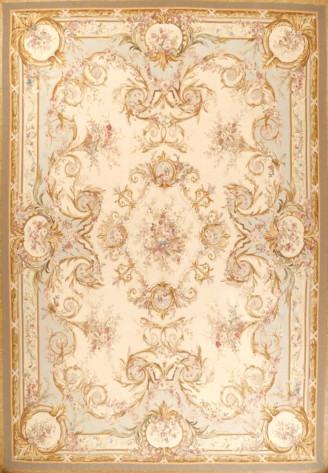 Elegant handwoven woolen Aubusson carpet recreation in ivory with soft blue border