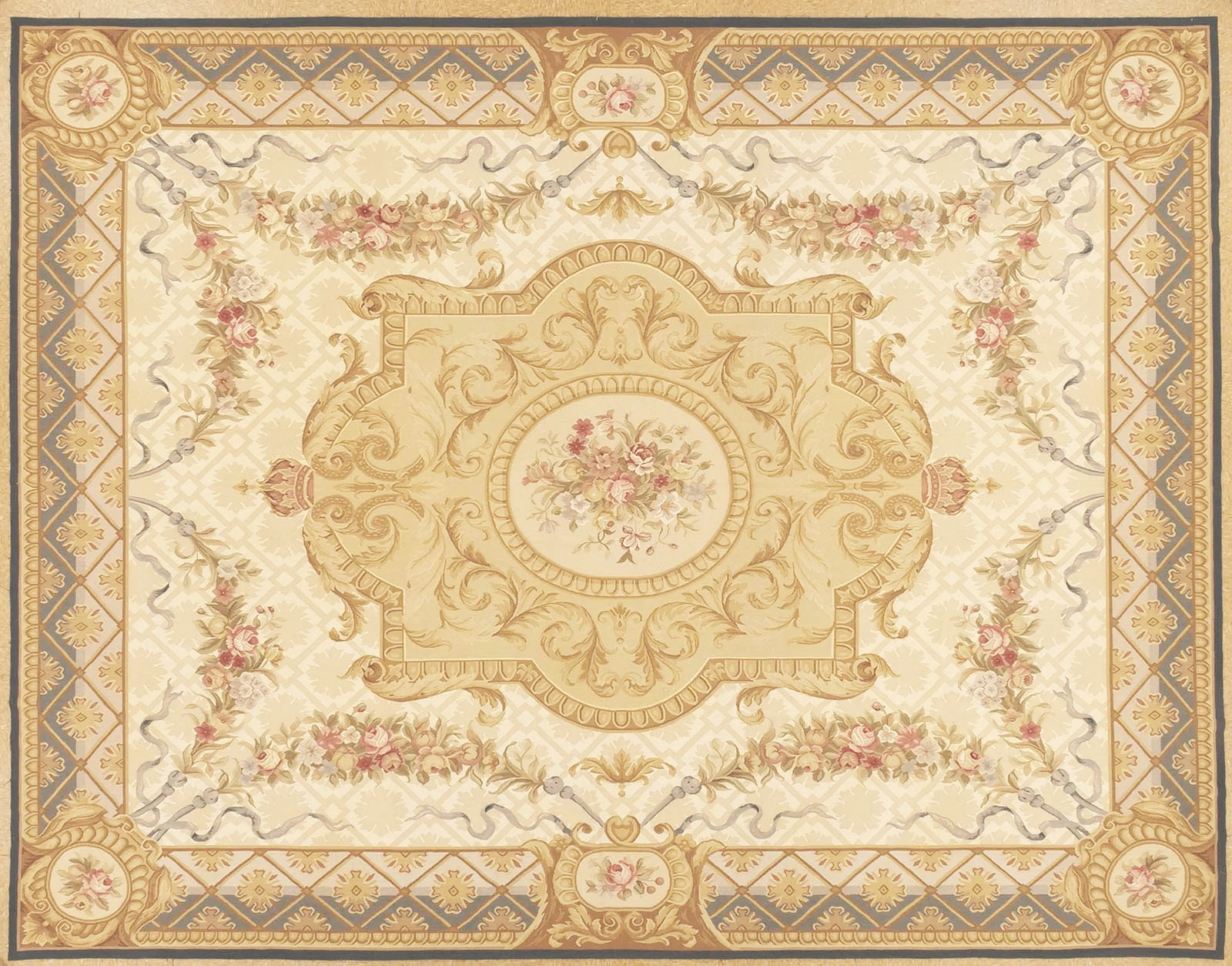 cream gold and blue hand woven Aubusson rug in size 11.8 x 15