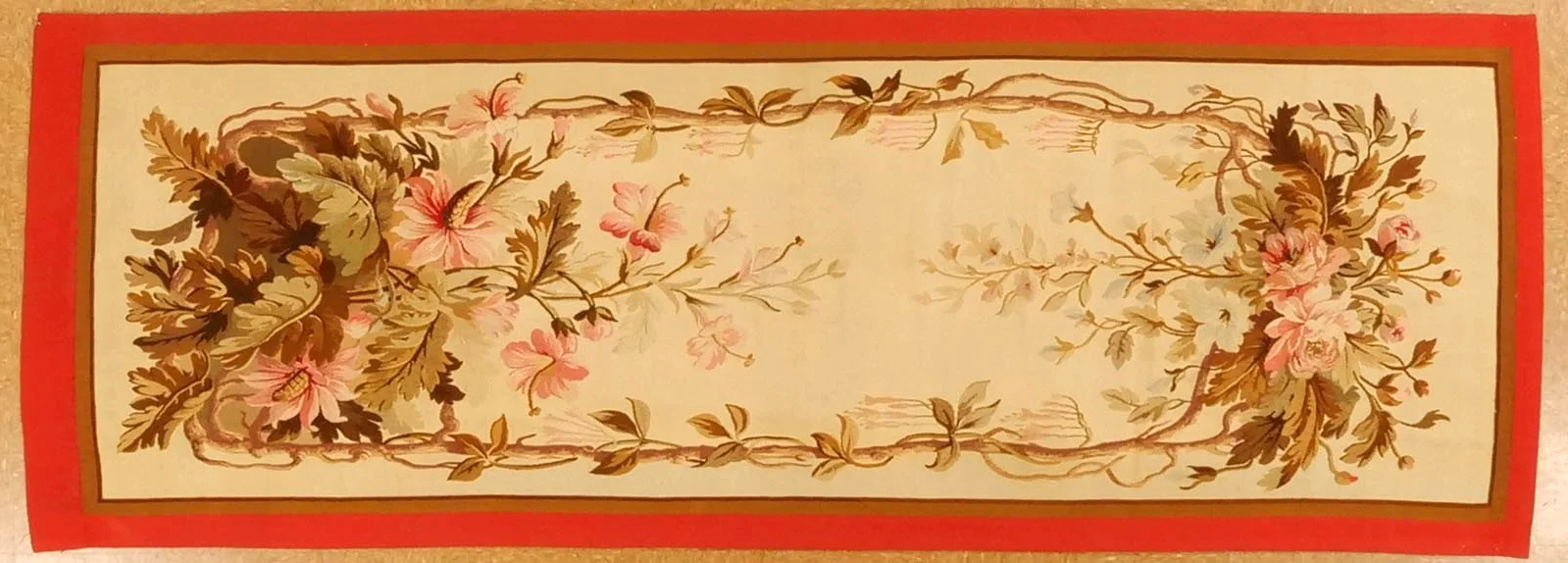 Floral Ivory red French Antique Tapestry Panel Size 10.1 x 3.7