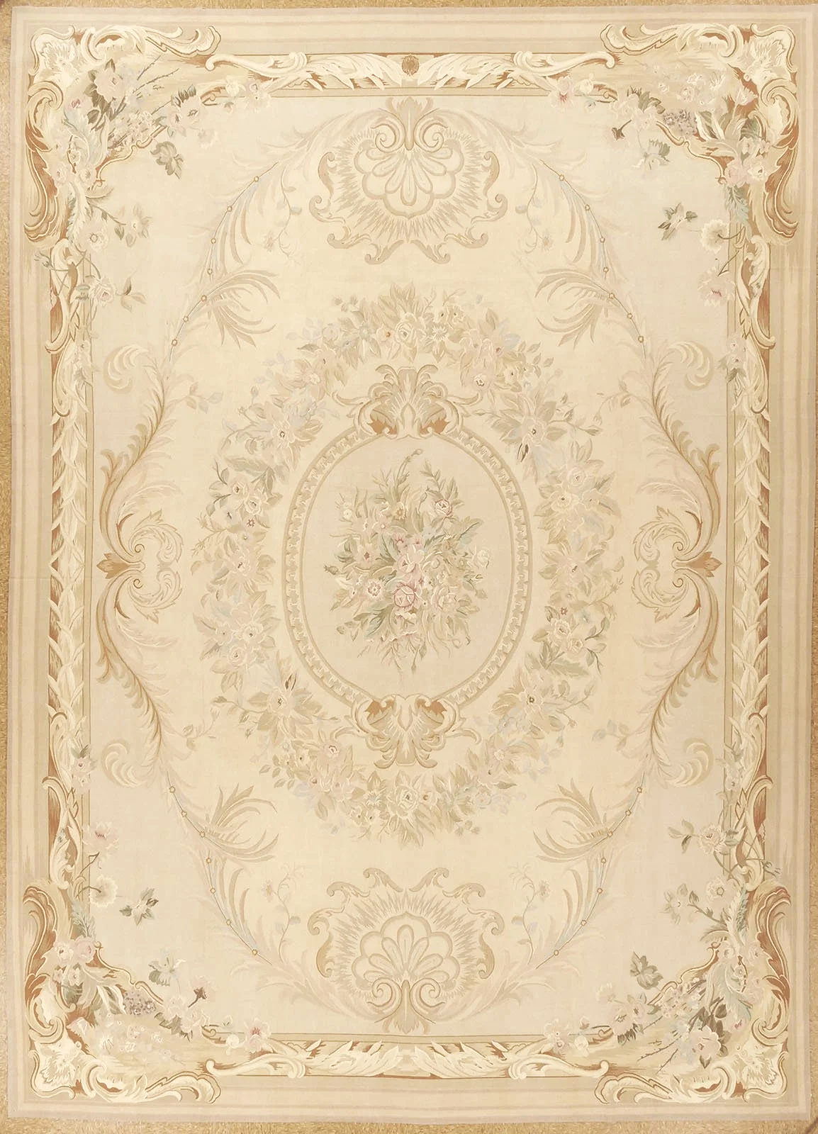 Floaral handwoven aubusson carpet in soft color tones size 11.9 x 16.4