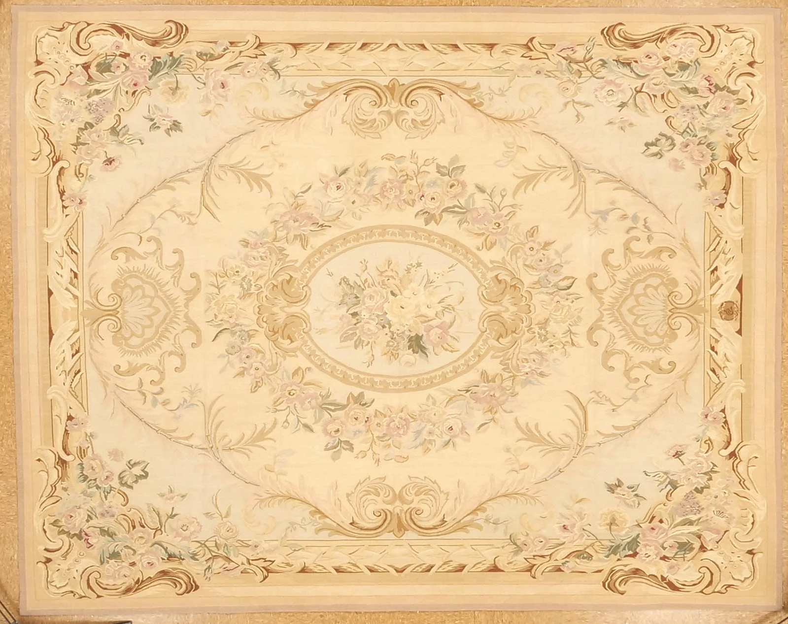 7.10 x 10.2 handwoven woolen aubusson rug in pastel colors