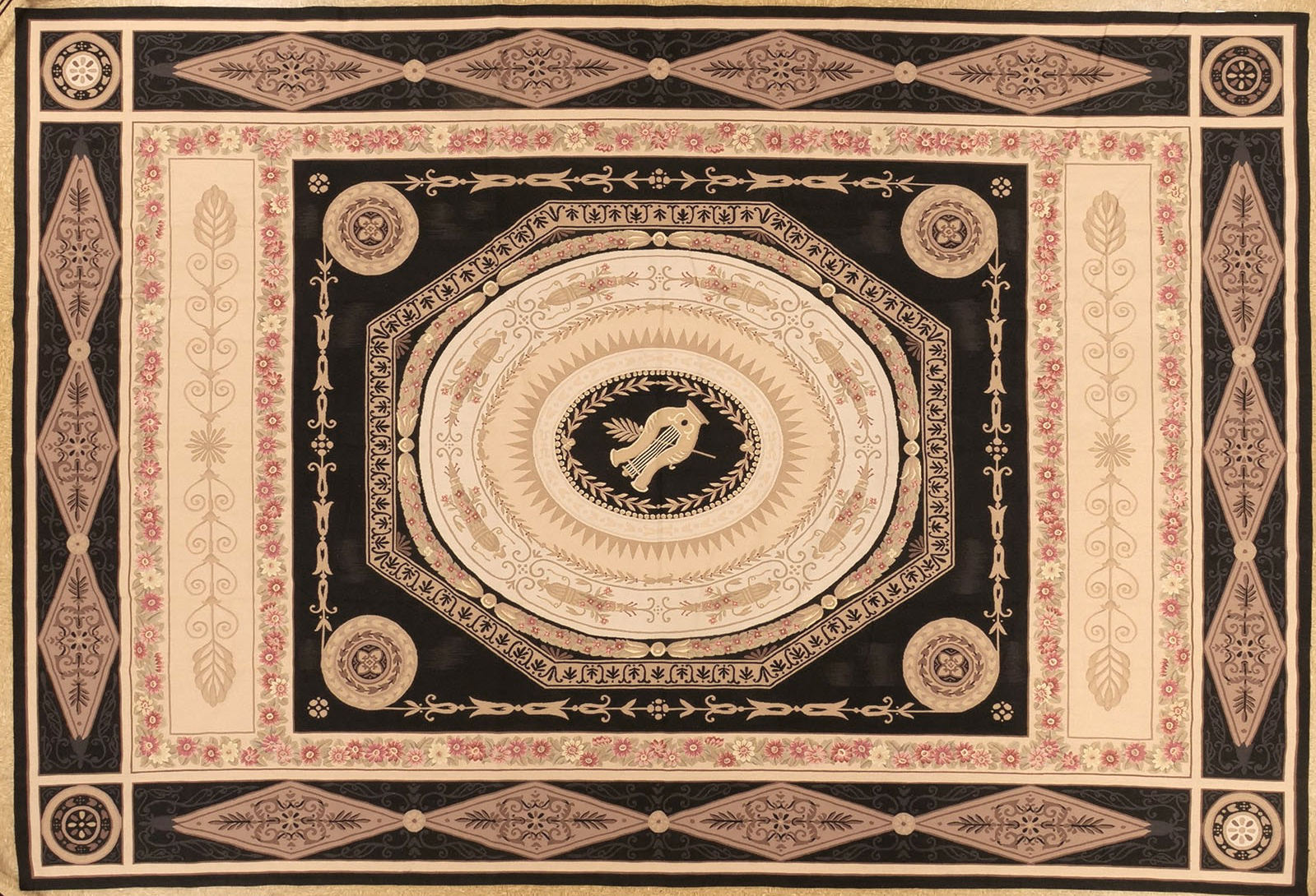 Neoclassic woolen handwoven black aubusson rug in size 10.8 x 15.9