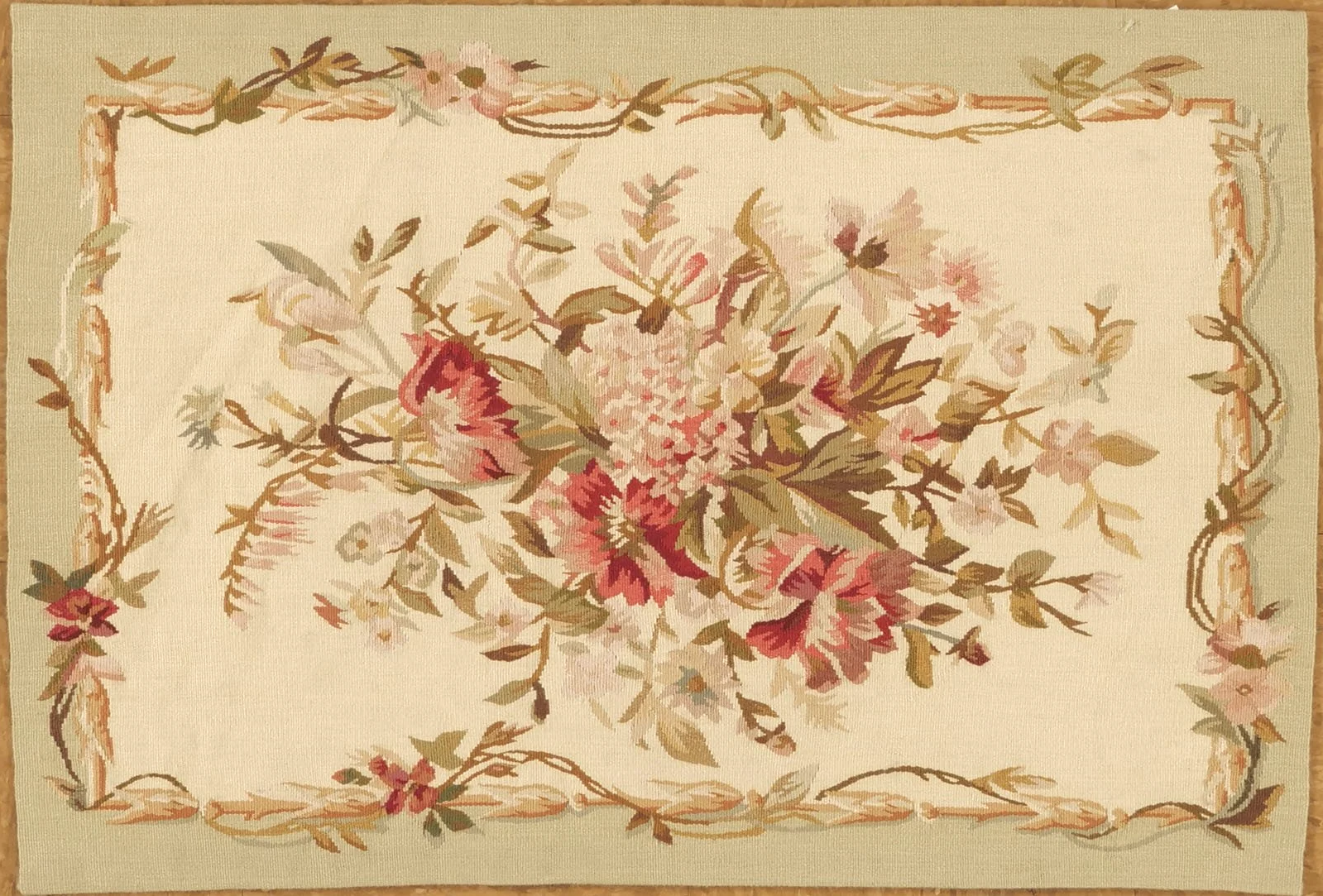 green floral 2 x 3 handwoven aubusson rug
