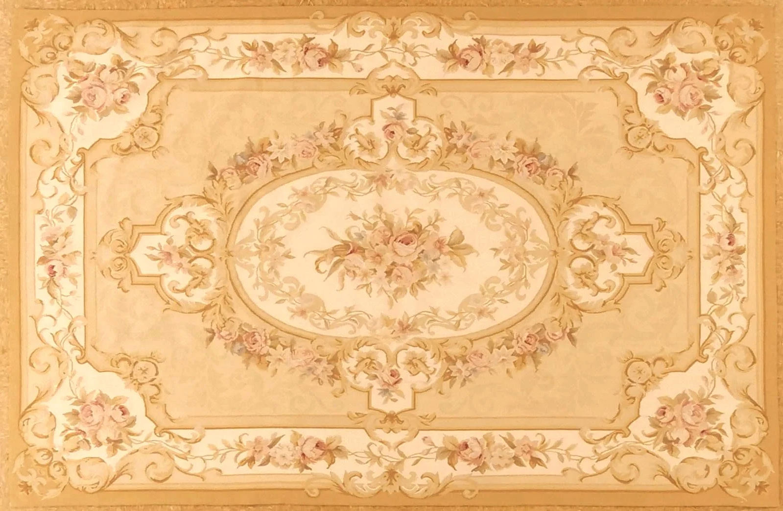 Horizontal image new handwoven cream colored Aubusson rug 6 x 9.3