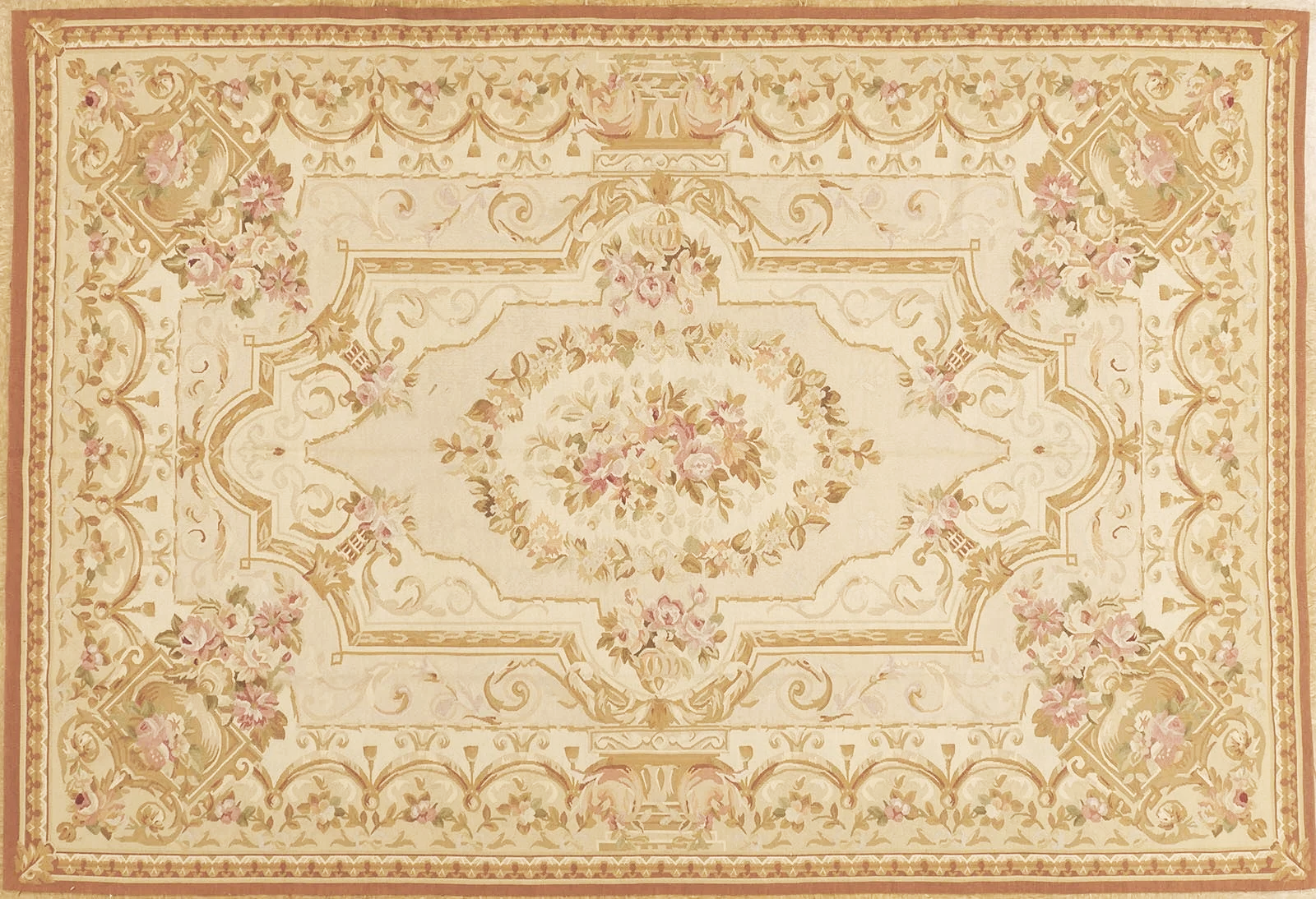 new, woolen hand woven 6 x 8.11 Aubusson weave carpet if creams and jewel tones