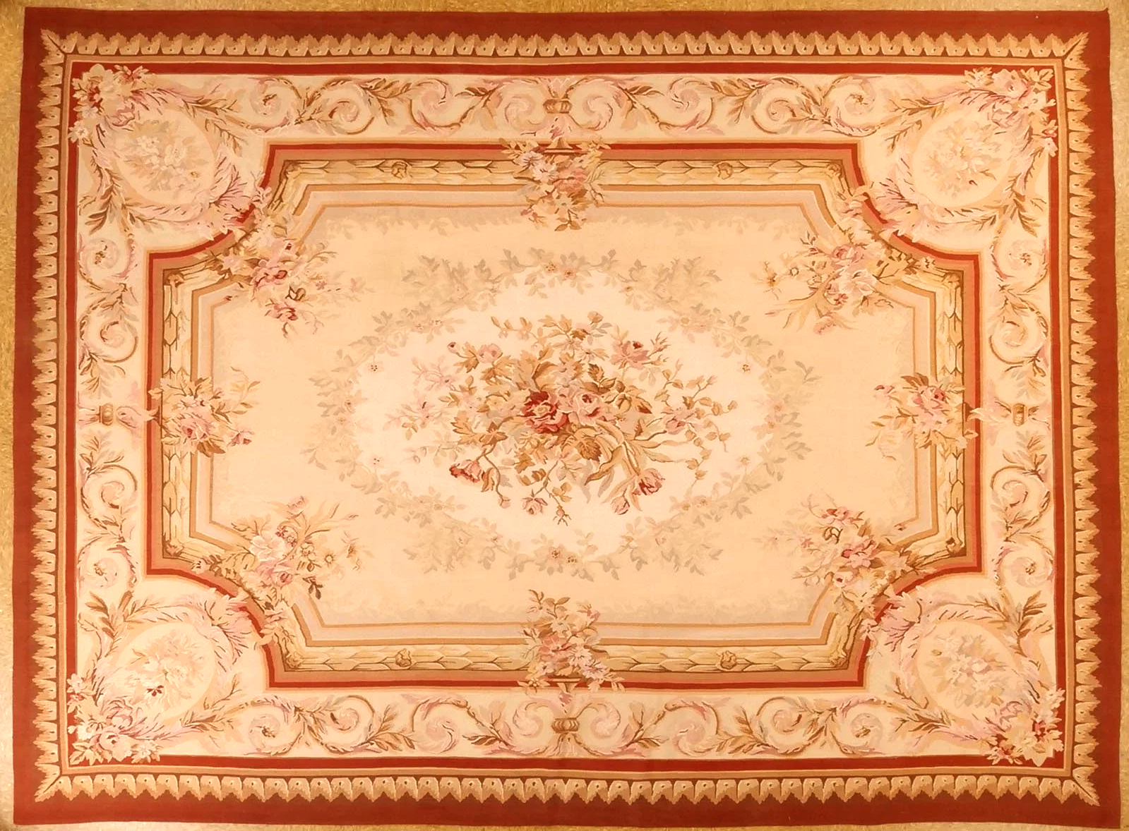 new woolen handwoven Aubusson rug in size 8.11 x 12.1 Ivory red