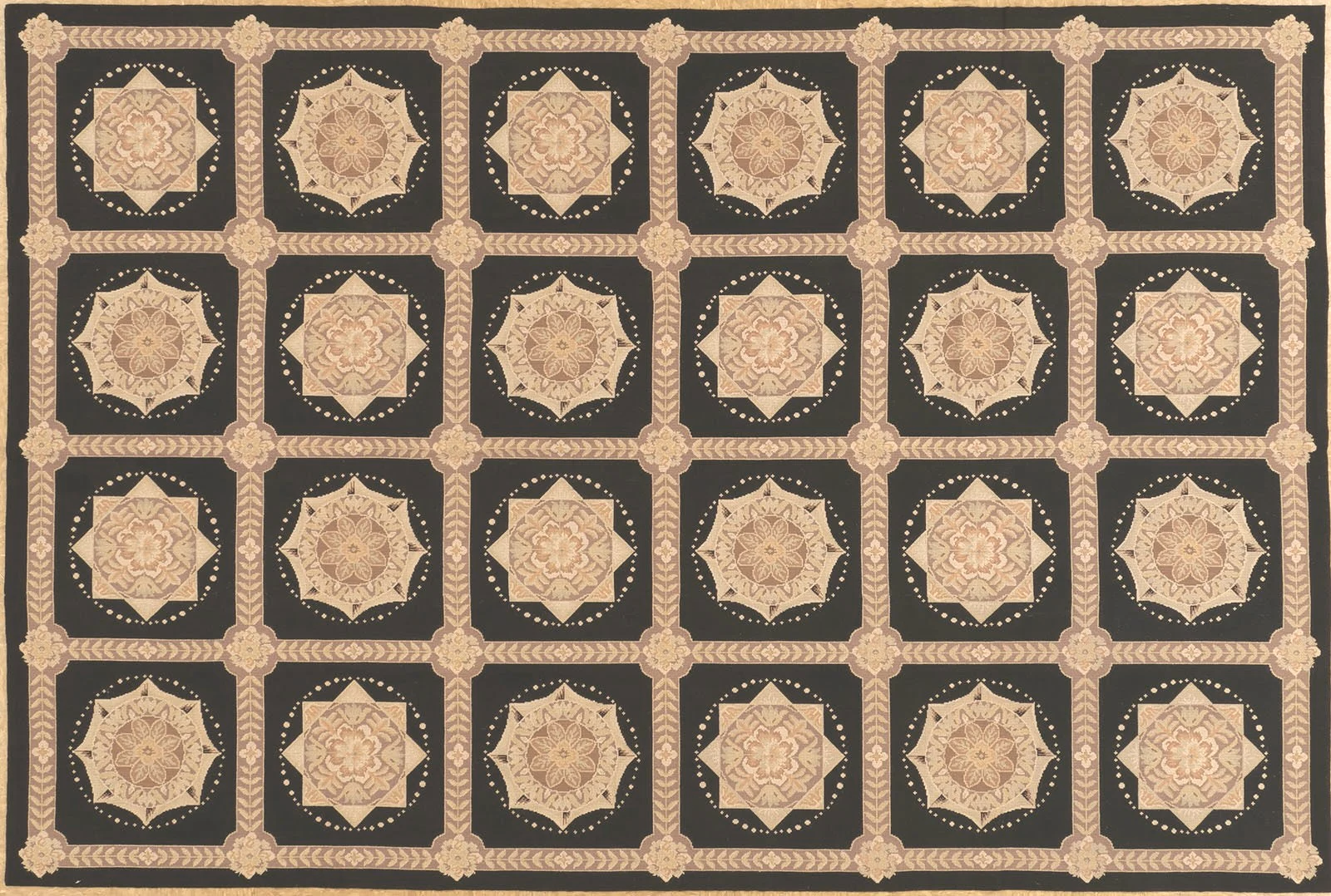 black 6 x 9 handwoven needlepoint rug with French Aubusson design.