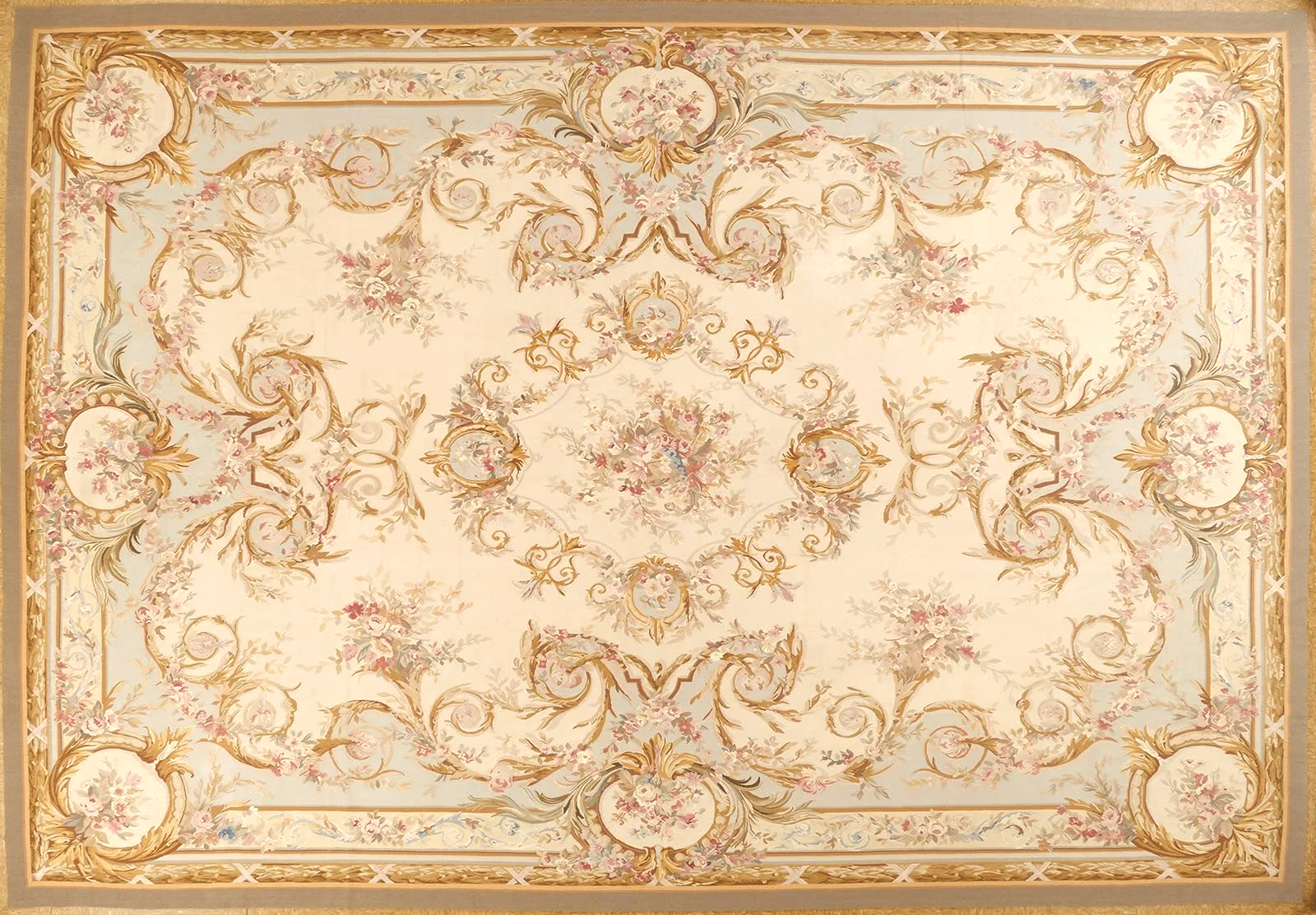 Horizontal image of ivory blue woolen handwoven aubusson rug